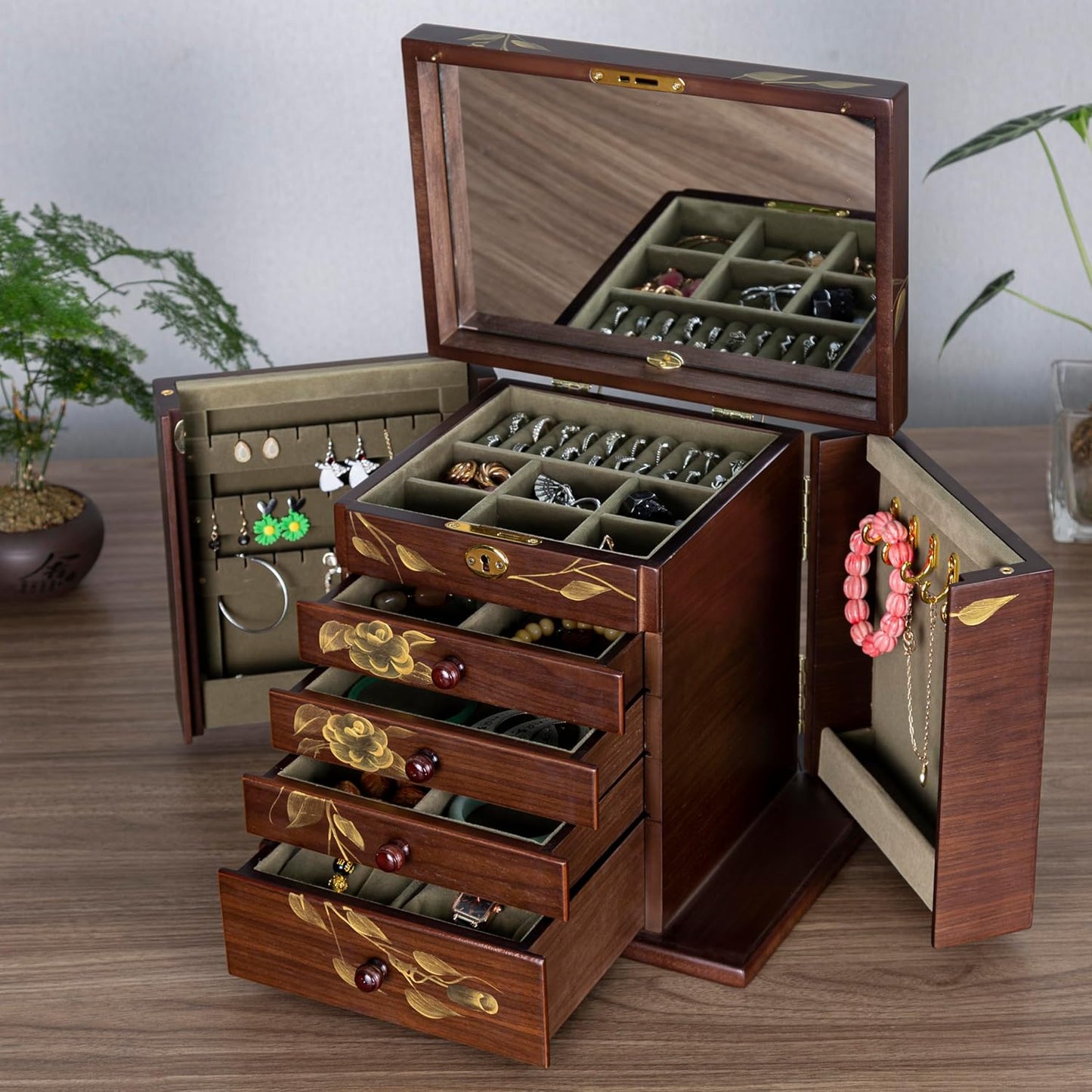 Wooden jewelry case Jewelry Box for Women Large Wood Organizer with Drawers and Mirror for Rings,Earrings, Necklaces,watches,jewelry boxes & organizers, Jewelry Boxes