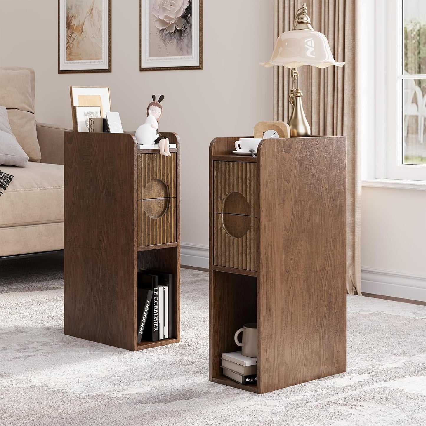 Slim Bedside Table Set of 2, Narrow Nightstand with Drawers, Fluted Wood Nightstand, Mid Century Modern End Table, Skinny Tall Nightstand, for Bedroom Walnut