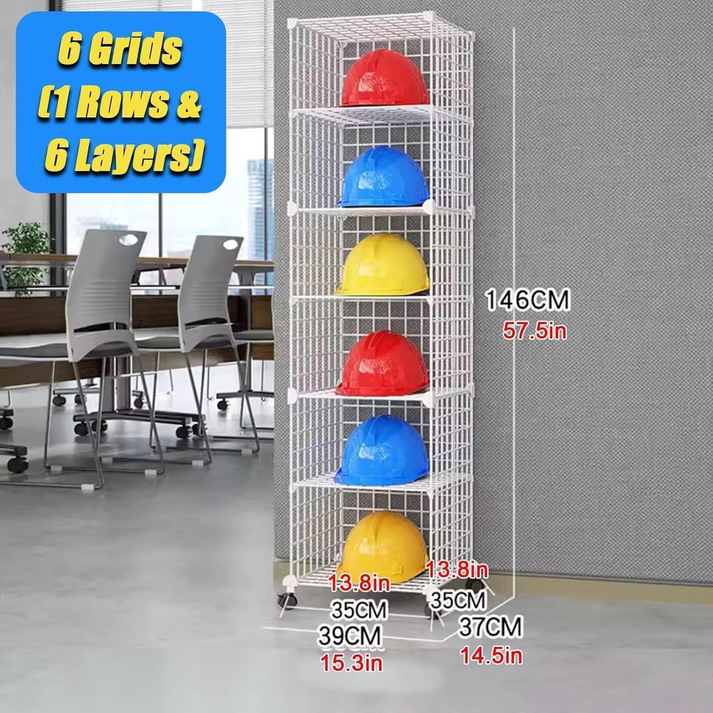Stackable Safety Helmet Storage Boxes, Large Adjustable Hard Hat Placement Organizer Rack,with Wheels,for Construction Site/Garage/Workshop/Factory Helmet Display Shelf (White, 6 Grids-1 * 6)