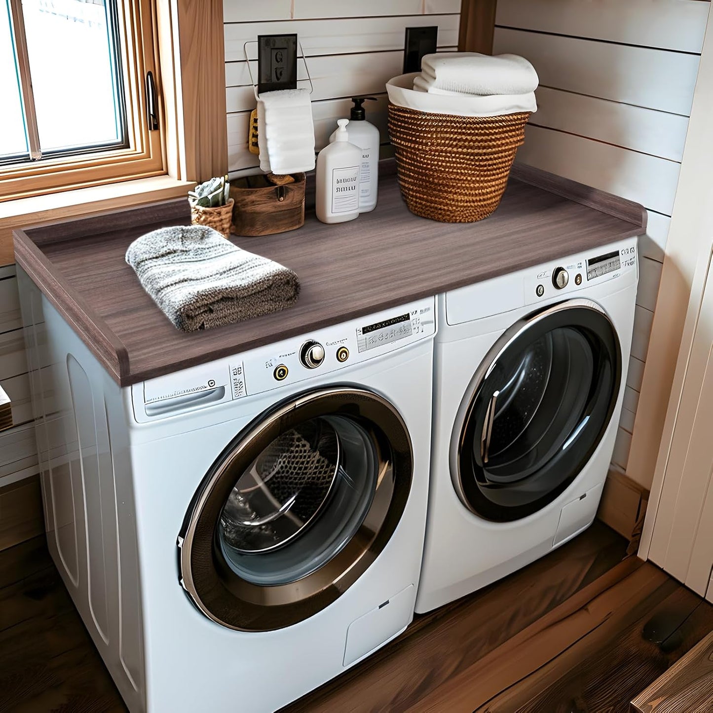 Kaboon Washer Dryer Countertop, Melamine Countertop with Edge Rails - 27.5" Depth x 54" Width Laundry Room Organization, Eucalyptus