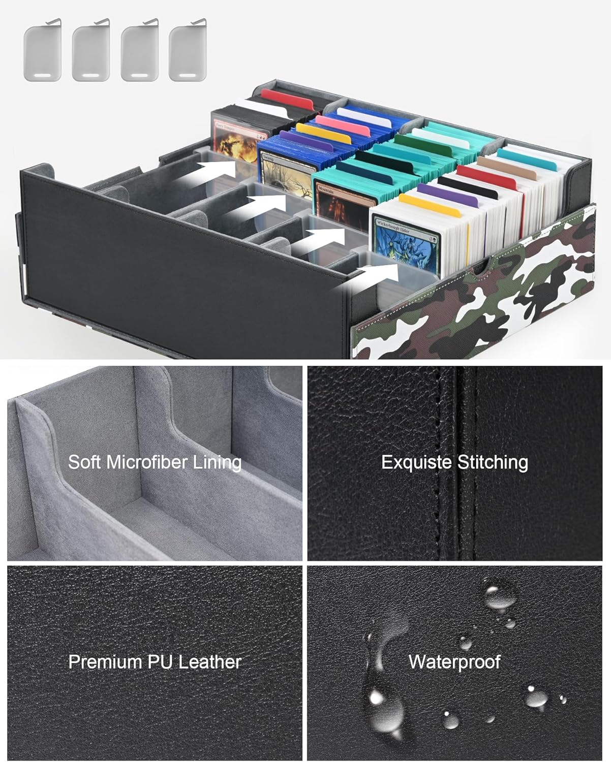ZLCA Card Storage Box for MTG PTCG, Commander Deck Box Holds 3200+, Deck Storage Case with 4 Stoppers(Camouflage& White)