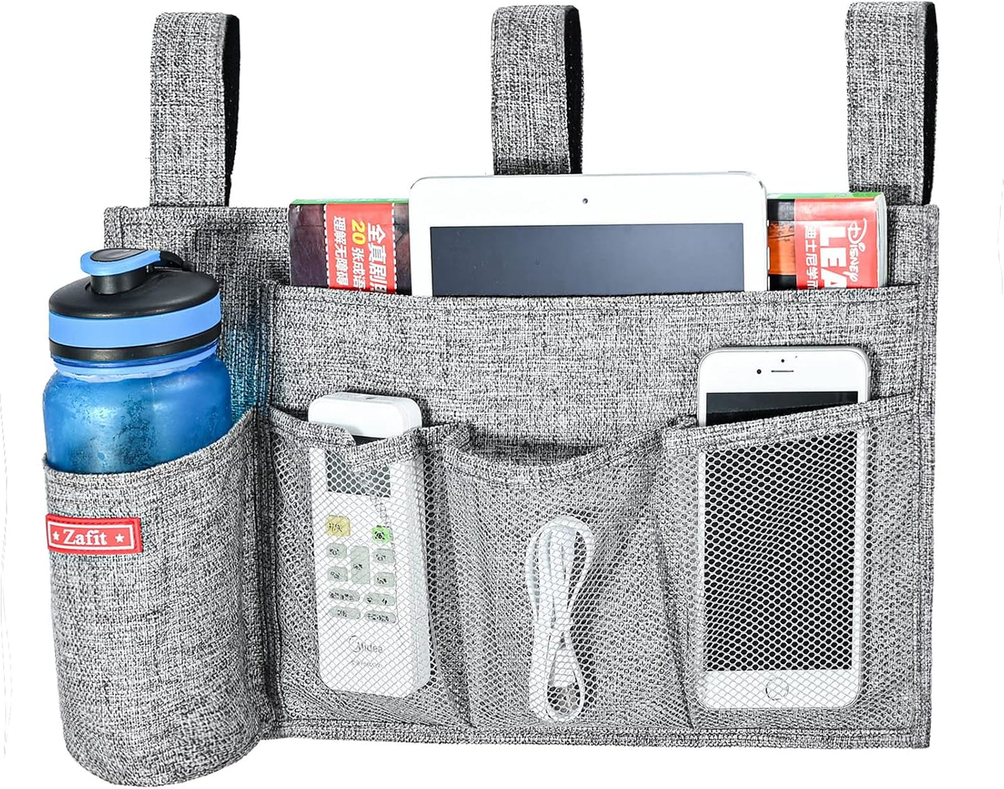 Linen Bedside Caddy, Bedside Storage Organizer for Hospital Beds, College Dorm Rooms or Baby Bed (5 Pockets-Grey)
