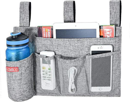 Linen Bedside Caddy, Bedside Storage Organizer for Hospital Beds, College Dorm Rooms or Baby Bed (5 Pockets-Grey)