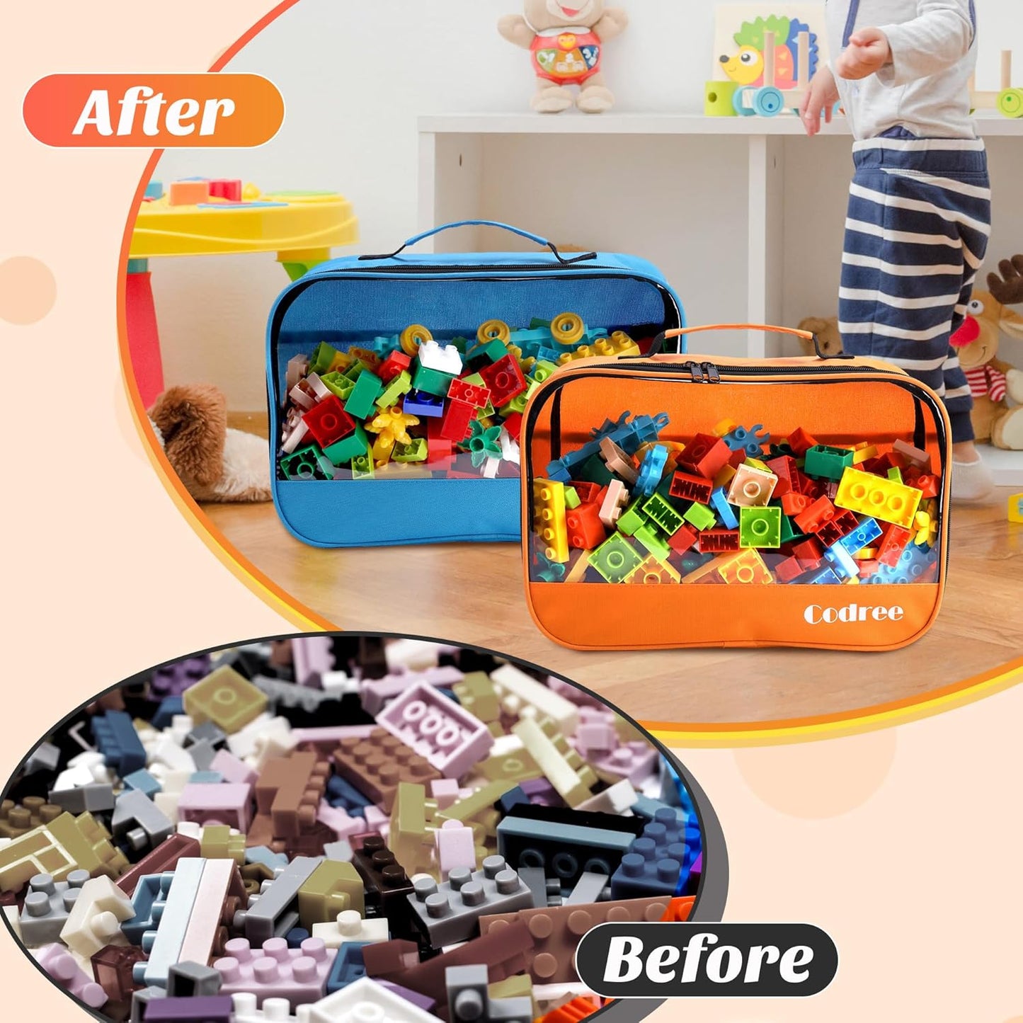 codree 6 Pack Large Oxford Cloth Toy Storage Bags, 13 x 8.5 x 3.9 Inch Visible Organizer Pouch with Zipper, Waterproof Travel Toy Storage for Building Blocks, Small Toys
