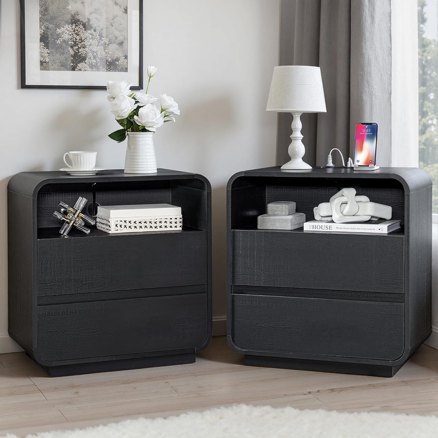 Black Nightstand Set of 2 with Charging Station, 25" Tall Wood Bedside Table, Modern Night Stand with 2 Storage Drawers, Curved Profile, Handleless, Modern End Table for Bedroom