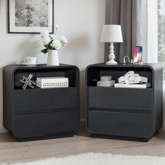 Black Nightstand Set of 2 with Charging Station, 25" Tall Wood Bedside Table, Modern Night Stand with 2 Storage Drawers, Curved Profile, Handleless, Modern End Table for Bedroom