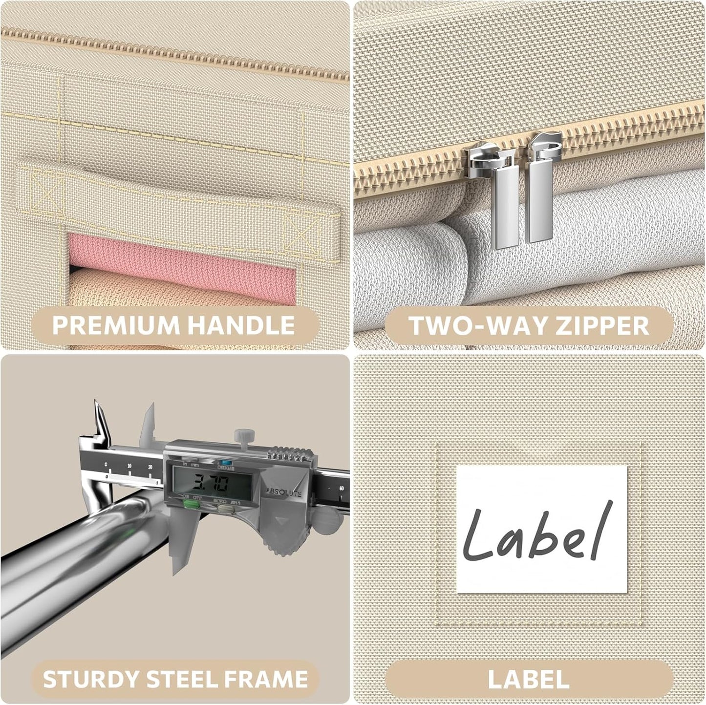 CYhom 3Pack Frame Storage Box - Clothes Storage Bin Bags Oxford Fabric Foldable Stackable Container Organizer Set with Clear Window & Carry Handles Large Capacity (Beige, Large-66L)