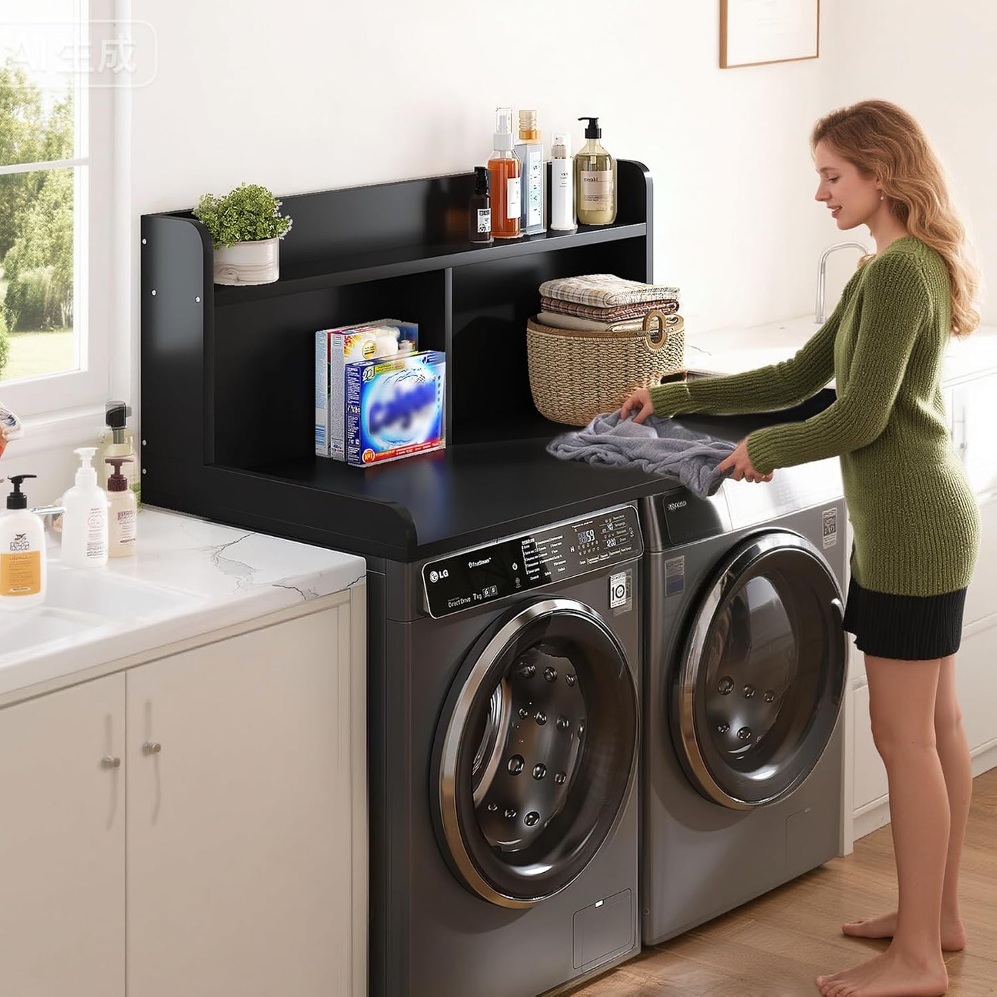 2-Tier Washer Dryer Countertop, 18.5" Raised Height Laundry Countertop with Edge Rails and Non-Slip Pad, 54"W x 27.55"D Washer and Dryer Topper for Laundry Room Storage Organization (Black)
