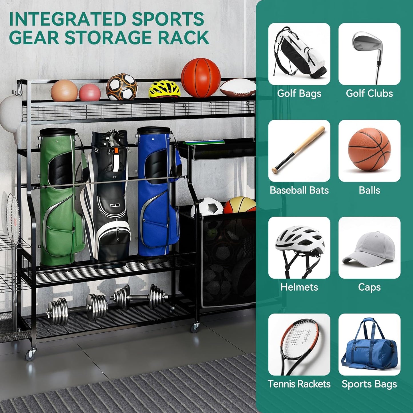 YITAHOME Multi-Functional Sports Organizer for Garage, Golf Gear Storage Rack for 3 Bags and Clubs, Ball Storage Bins with Wheels, Multi-Layer Sports Equipment Rack with Hooks