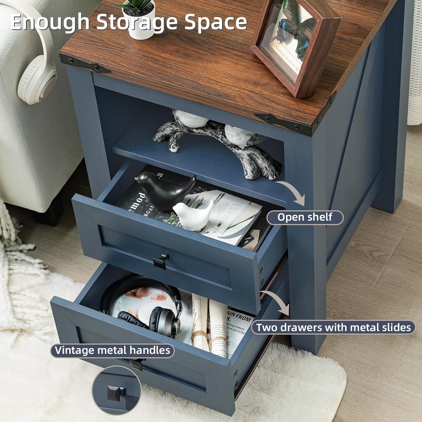 Nightstands Set of 2 with Charging Station, Farmhouse Night Stand with 2 Drawers and Shelf Storage, Wooden Side End Table, Bedside Cabinet for Bedroom, Living Room, Closet,Office (Blue)