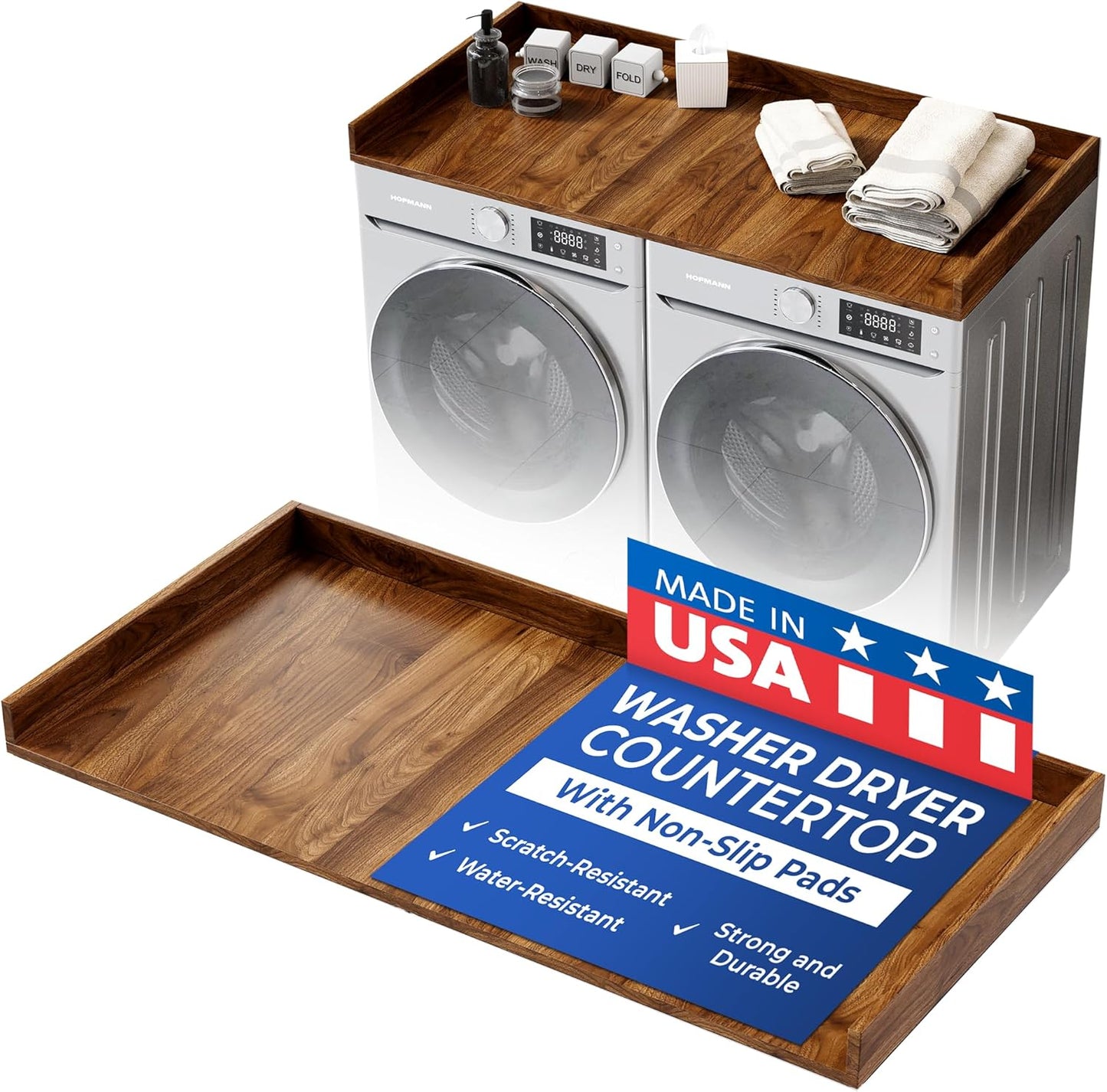 OfficeSimpli Washer Dryer Countertop, Made in USA, Non-Slip Pads, Laundry Room Wood Topper, Washer Dryer Cover for Top, Laundry Guard, Laundry Countertop (California Walnut, Standard (27.5" x 54"))