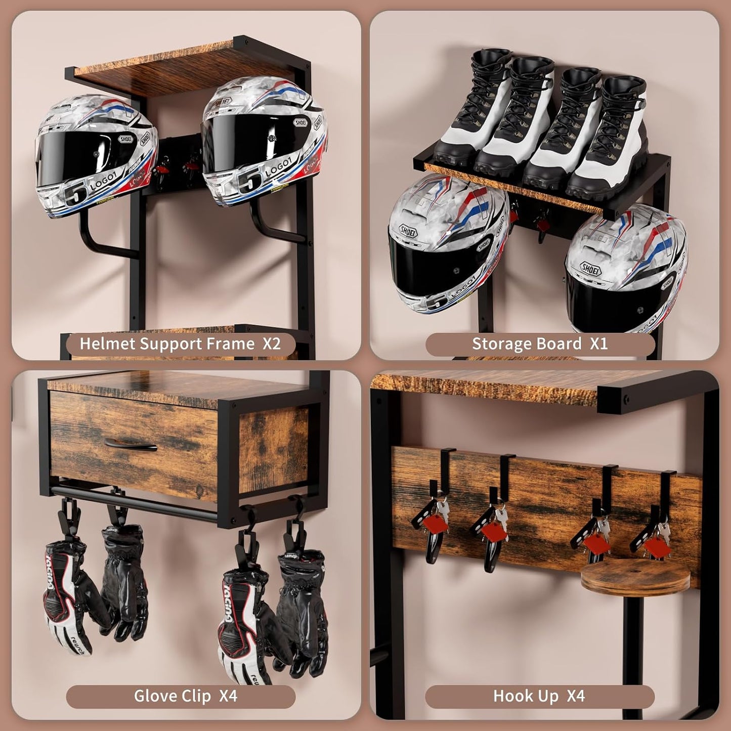 Motorcycle Helmet Holder Wall Mounted, Helmet Holder Wall Mount with Helmets Rack and Hooks for for 6 Helmets, Riding Suits & Accessories, Sturdy Construction Storage Organizer for Entryway or Garage
