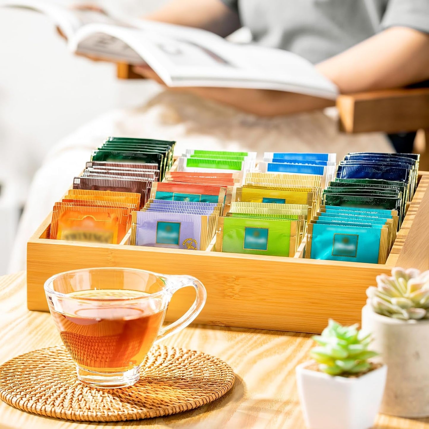 Tea Bag Organizer - Bamboo Tea Storage Organizer With 12 Compartments, 1 Layer Tea Organizer for Tea Bags Natural Bamboo for Countertop Office Kitchen Cabinet Pantry