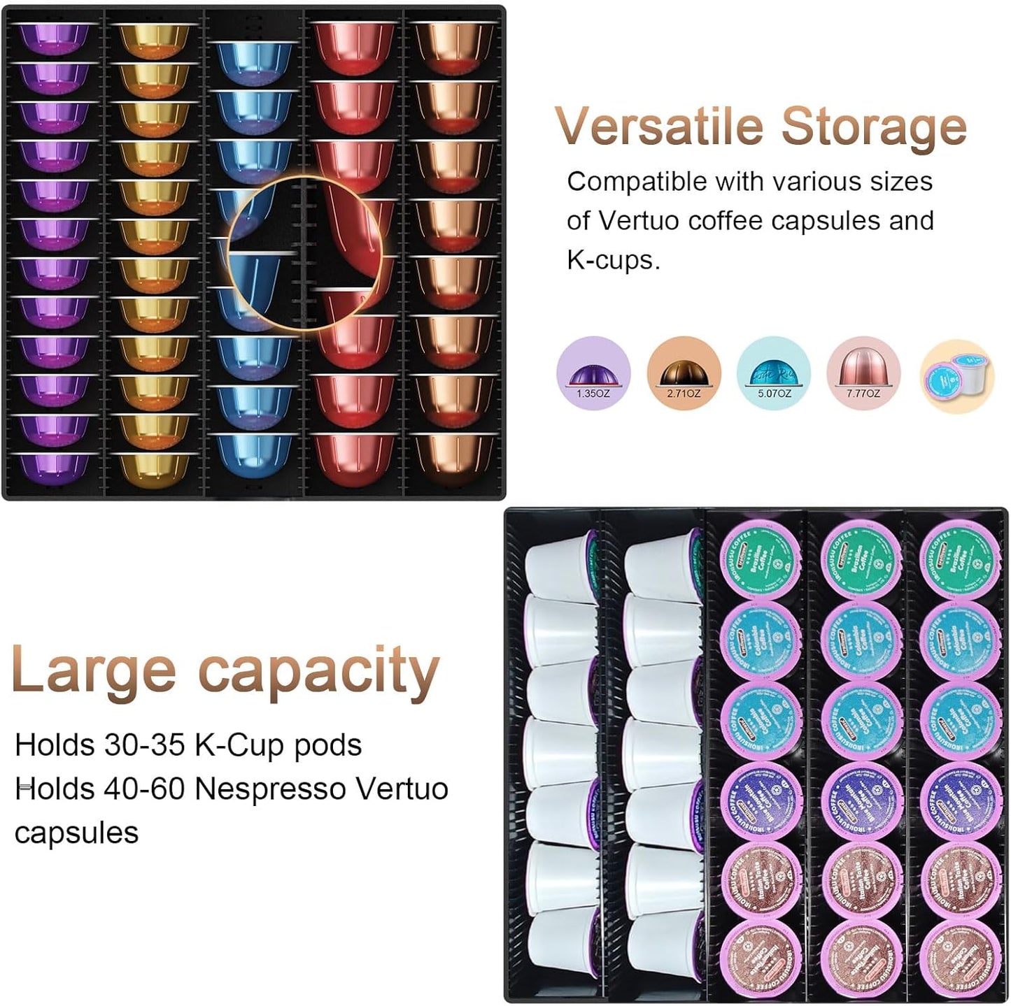 Coffee Pods Drawer Organizer Compatible with Nespresso Vertuo Pods Holds Up to 60 Small or 40 Large (Wood)