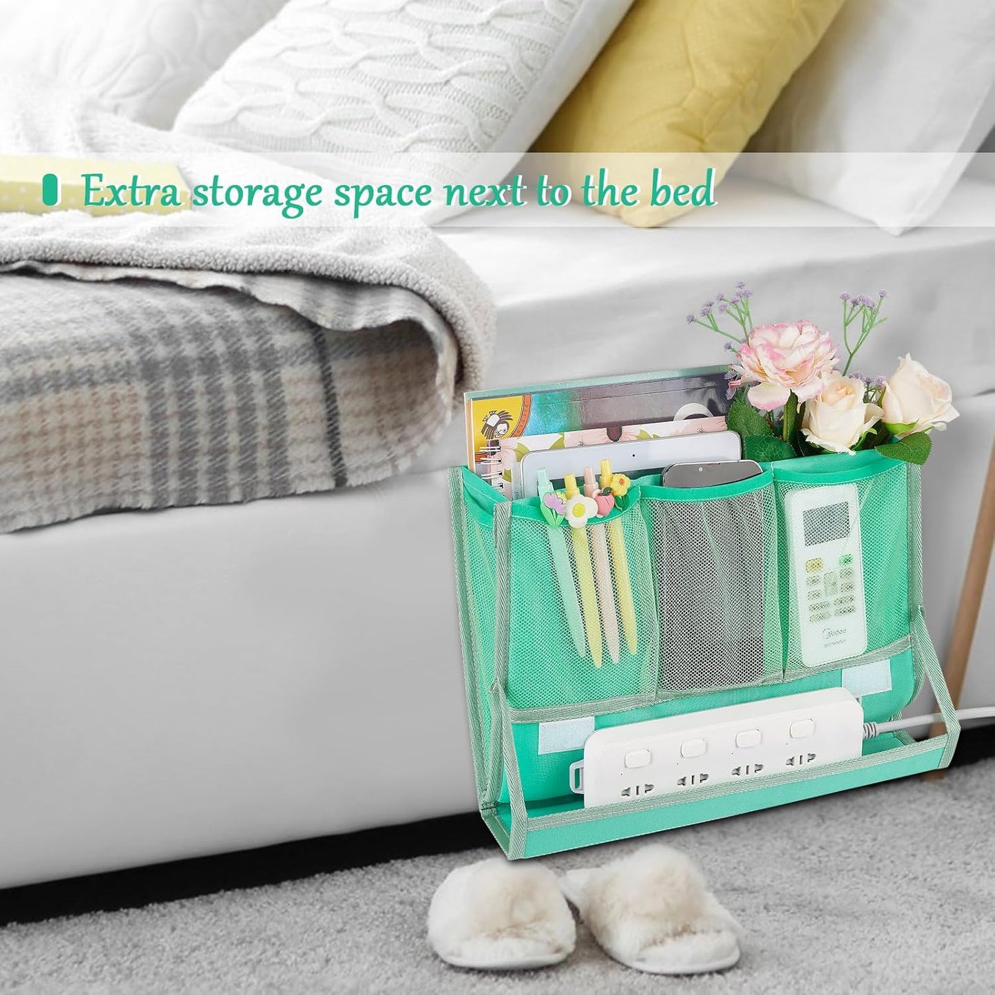 Bedside Caddy Bedside Storage Organizer Bedside Organizer with Power Strip Holder and 2 Adjustable Straps for Home Bunk Bed College Dorm Sofa (Green)