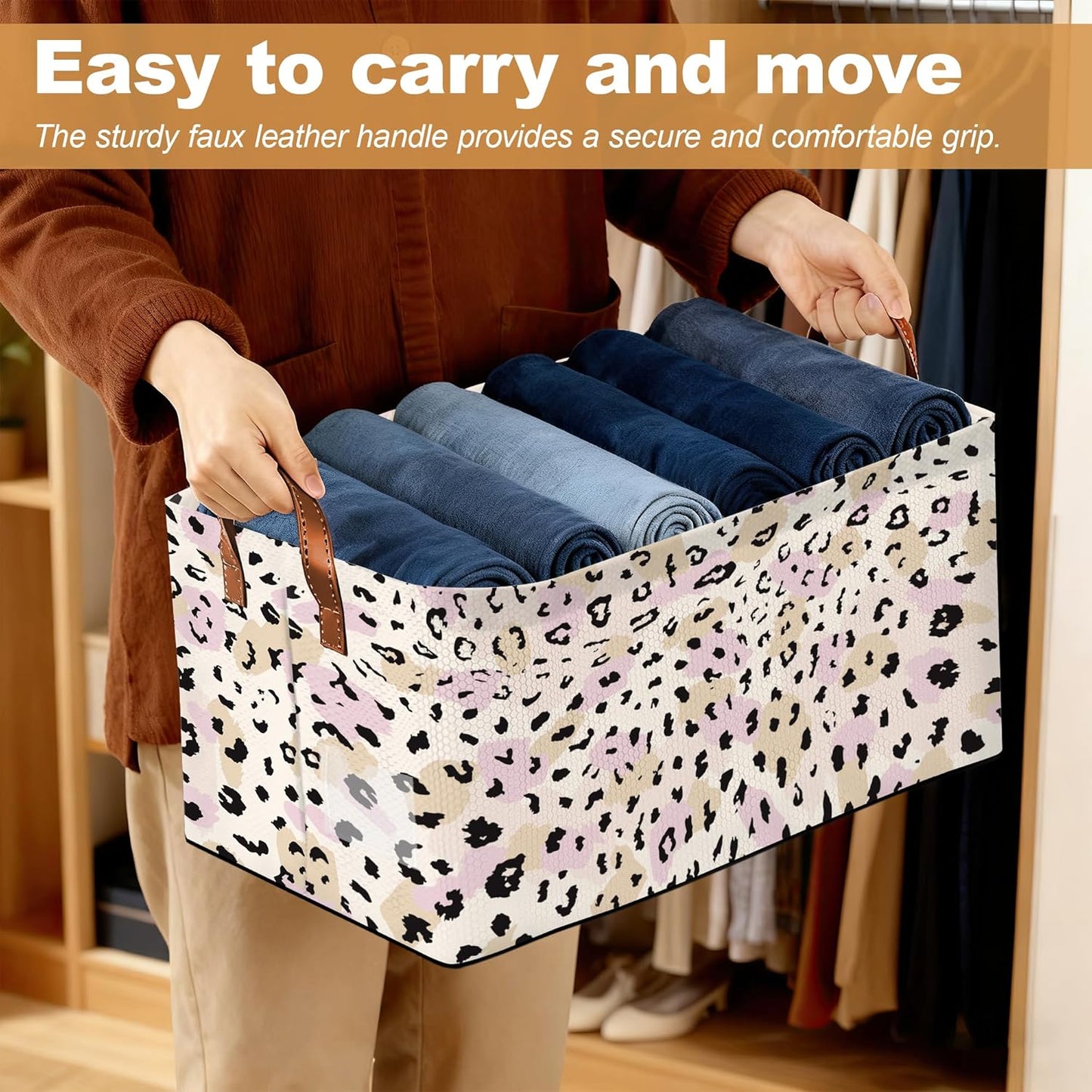 32L Large Storage Bins with Handles, Basket Organizer for Shelves, Closet, Books, Laundry & Home Decor (Pink Leopard Print)