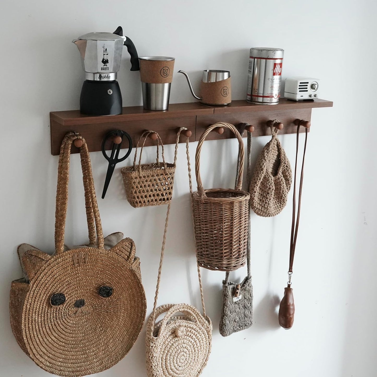 Entrance Coat Rack ，Coat Hooks, Wall-Mounted Wooden Hook Rack, Wall-Mounted Shelves are Very Suitable (2PC-Teak Colored Veneer)