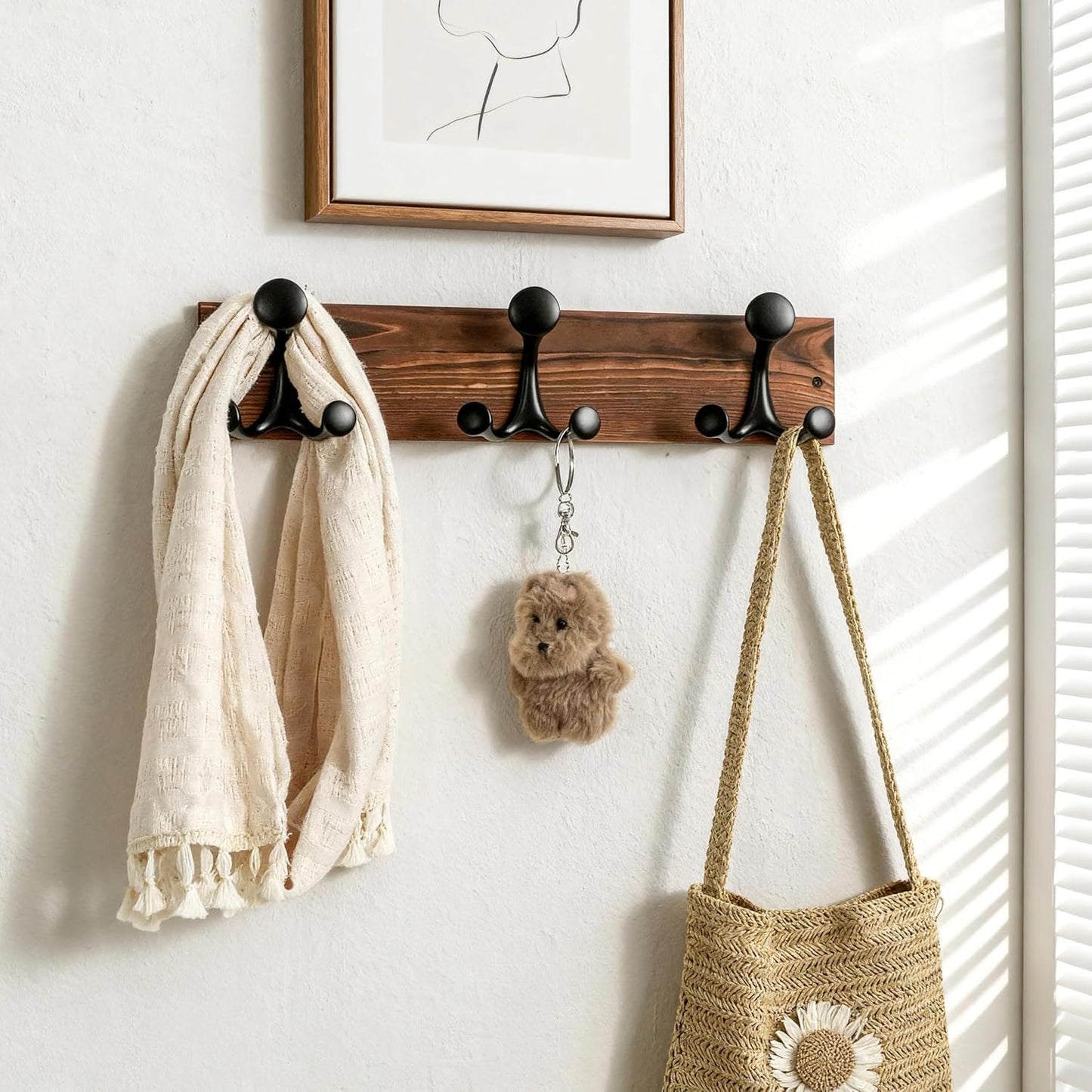 SKOLOO 17-Inch Wood Coat Rack Wall Mount with 3 Triple Hooks - Ideal for Family Entrances, Classrooms, and Pet Supplies Storage - Perfect Coat Hooks for Wall,Charred Golden Brown, Pack of 2