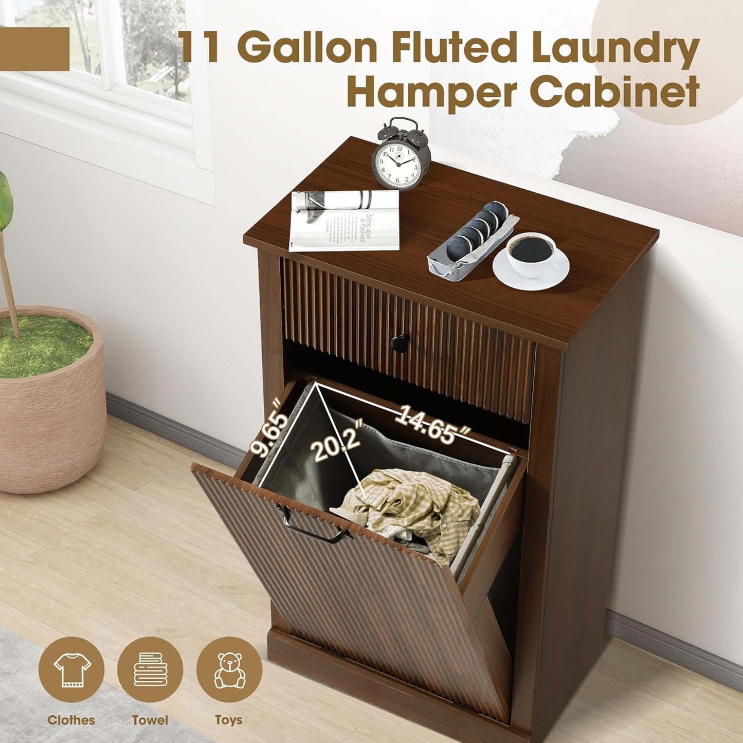 Grepatio Tilt Out Fluted Laundry Hamper Cabinet, 11 Gallon Hidden Laundry Hamper, Wooden Trash Can Cabinets with Drawer, Modern Garbage Can Cabinet for Bathroom, Kitchen, Living Room (Brown, Single)