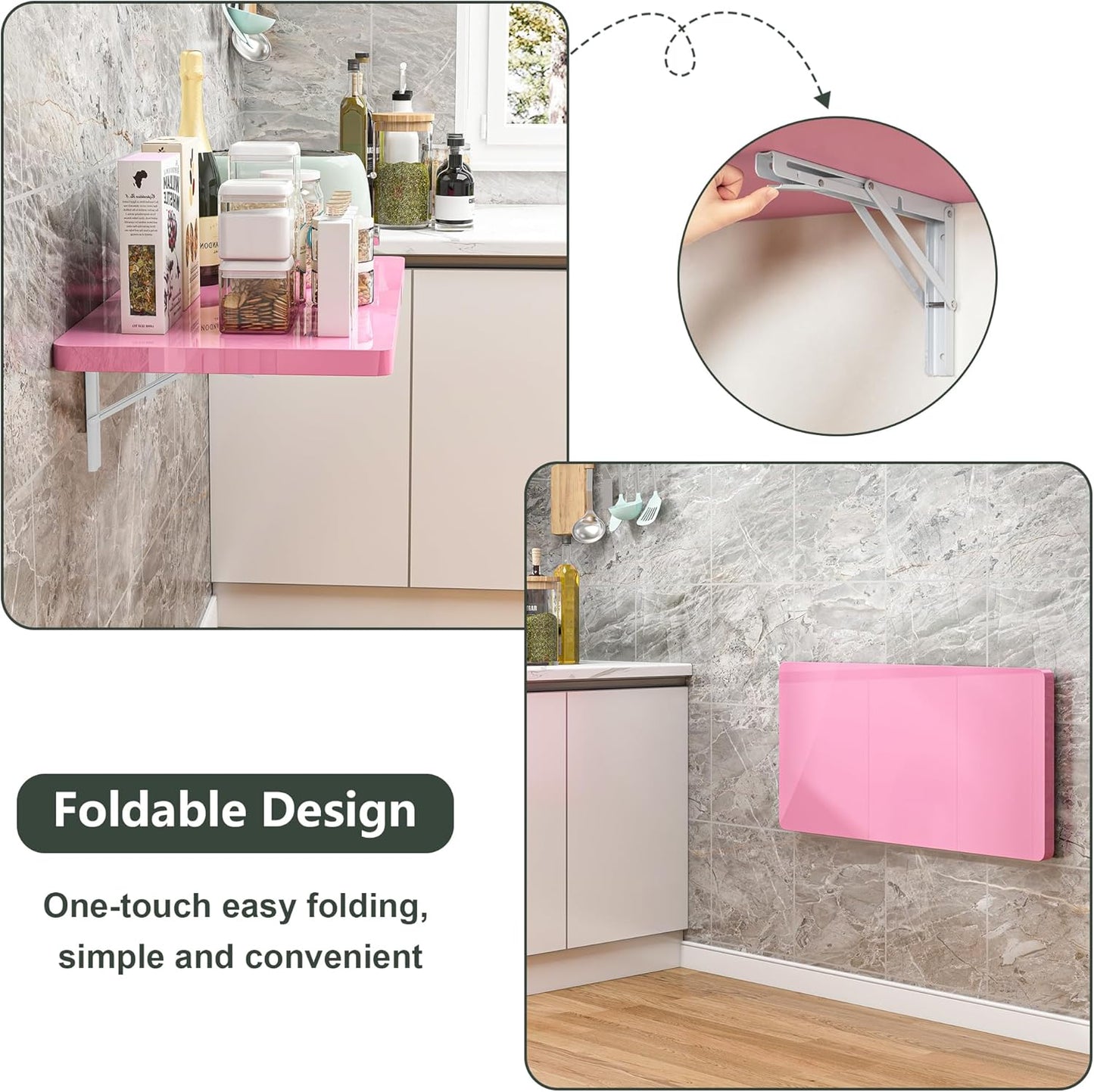 Clikuutory Wall Mounted High Gloss Folding Table, Wall Desk Fold Down for Small Spaces, Folding Workbench for Laundry Room, Home Office, Kitchen, Bedroom, Home Bar, Pink (31.5"×15.7")