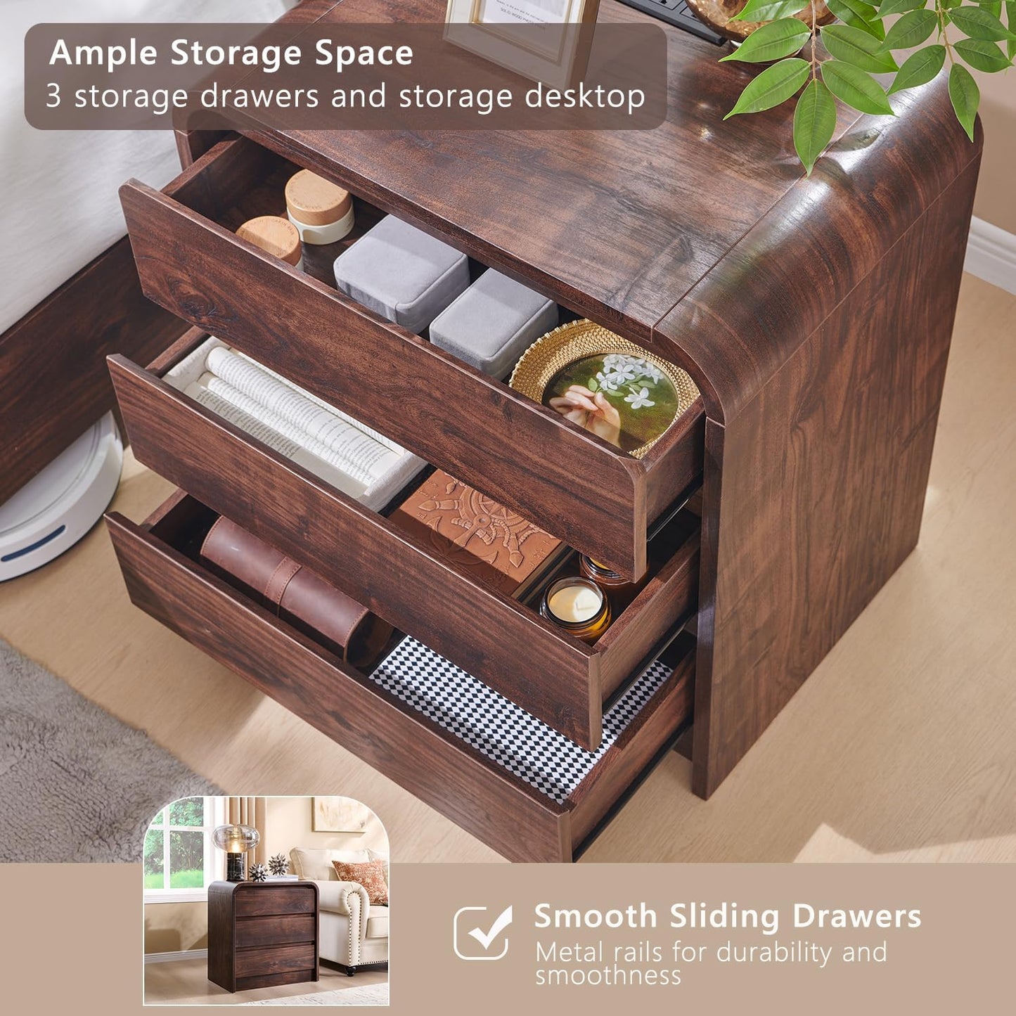25" Tall Modern Nightstand Set of 2, 23.6" Wide Wood Bedside Table with Charging Station, 3 Storage Drawers Side Table w/Curved Profile Design,End Table for Bedroom, Living Room, Brown