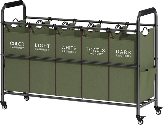 Tajsoon 5 Sections Laundry Sorter, Laundry Hamper with Heavy Duty Lockable Wheels and Removable Bags, 5 Bag Laundry Sorter Cart for Dirty Clothes Storage, Green