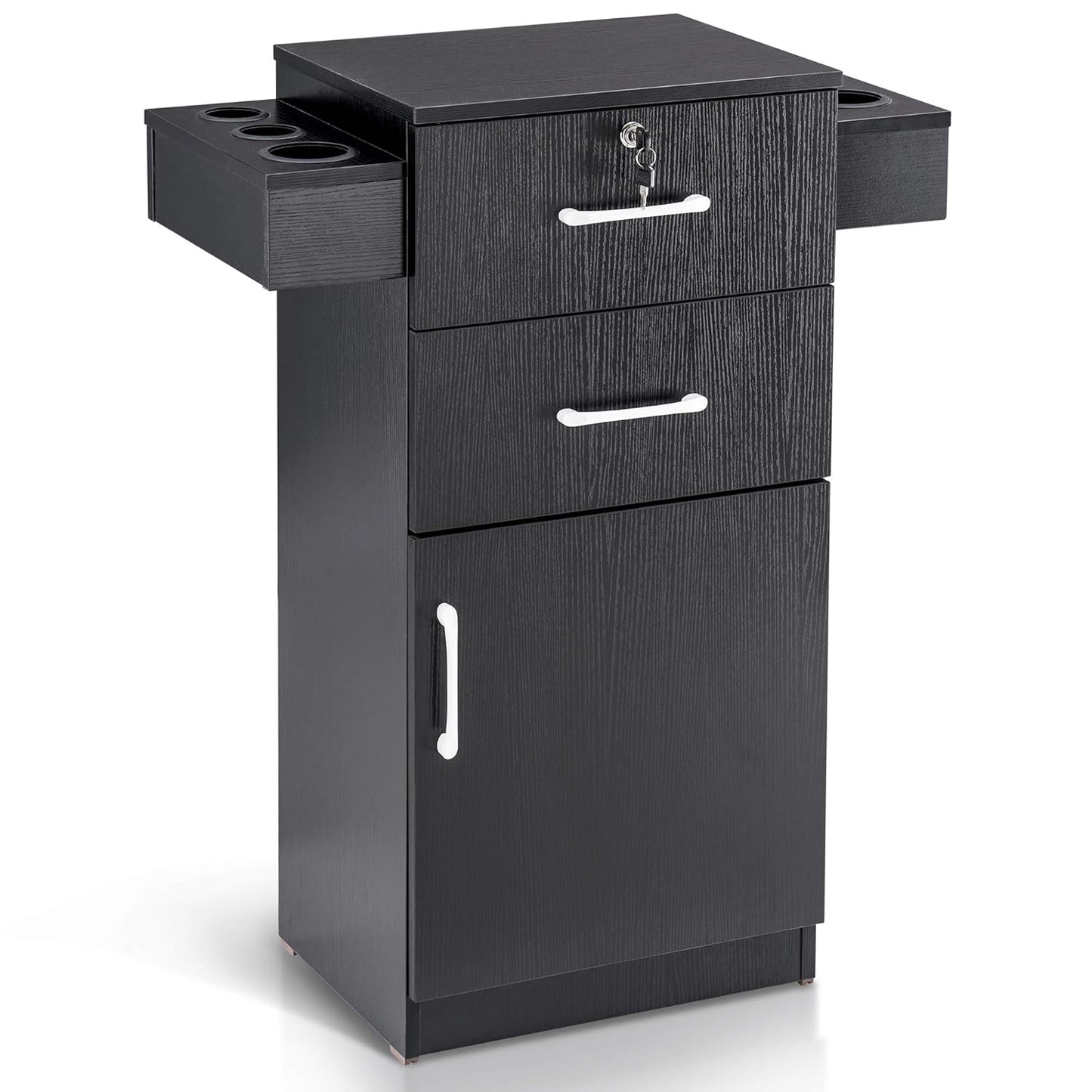 BarberPub 38"x18"x14" Locking Beauty Salon Storage Cabinet, Barber Styling Station with Nylon Hair Dryer Holder, Barber Shop Stylist Equipment with Drawers 2021 (Black)