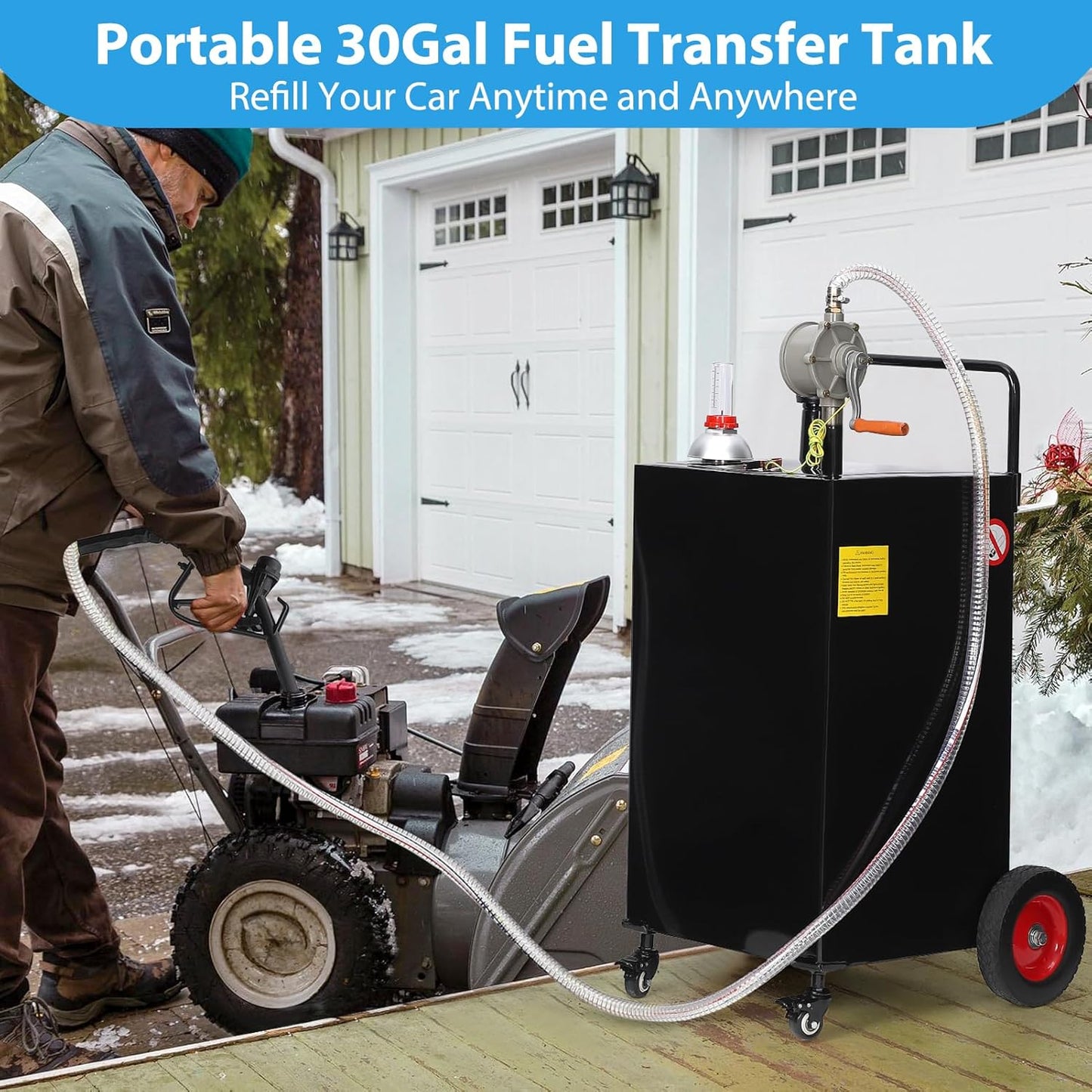 30 Gallon Gas & Diesel Fuel Caddy with Transfer Pump – Mobile Fuel Storage Tank with 4-Wheel Cart for Boats, Lawn Mowers, Snowblowers, Motorcycles & Construction Equipment - Black