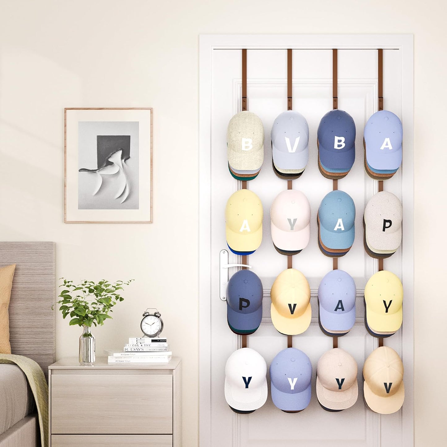 SWTYMIKI Over Door Hat Organizer - 4 Packs Metal Hanging Hat Rack with 16 Hooks Design, Baseball Cap Hanger Organizer Storage Holds up to 80 Caps for Door, Bedroom, Closet