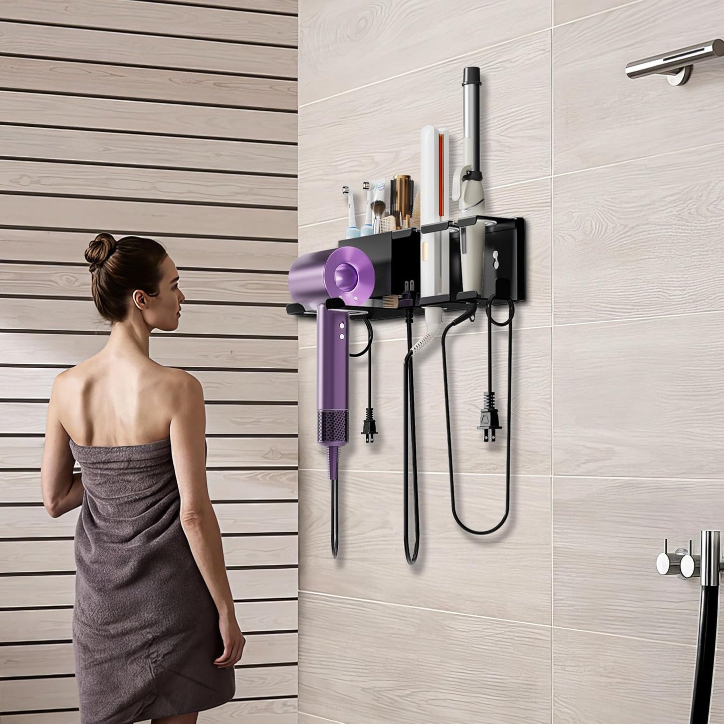 Hair Dryer Holder Wall Mounted, Metal Hair Tools Organizer, Hair Dryer Holder for Blow Dryer, Curling Iron, Straightener, Bathroom Hair Accessories Tools Organizer, Black