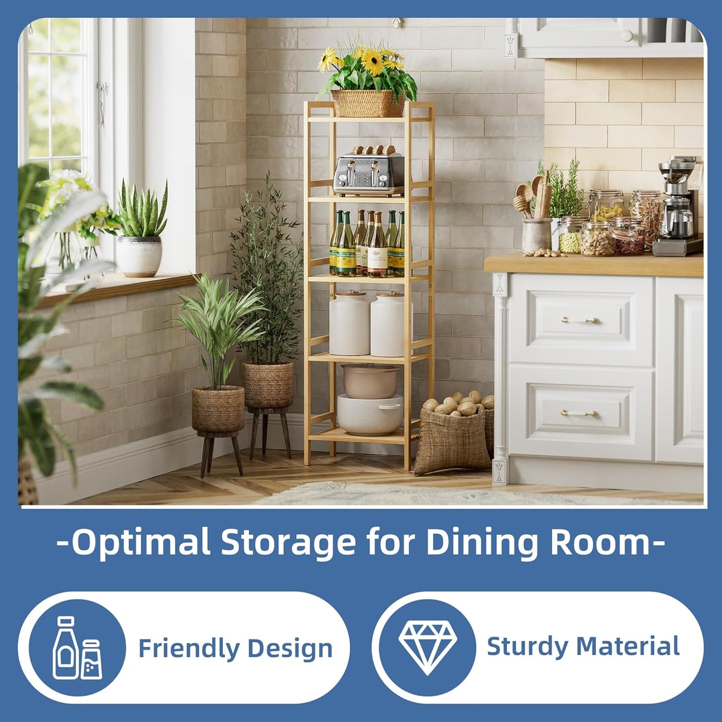 HITNET Tall Narrow Bookshelf, 5 Tier Bathroom Shelf Bamboo, Floor Standing Display Storage Organizer for Small Space, Adjustable Shelves, Natural Wood Bookcase