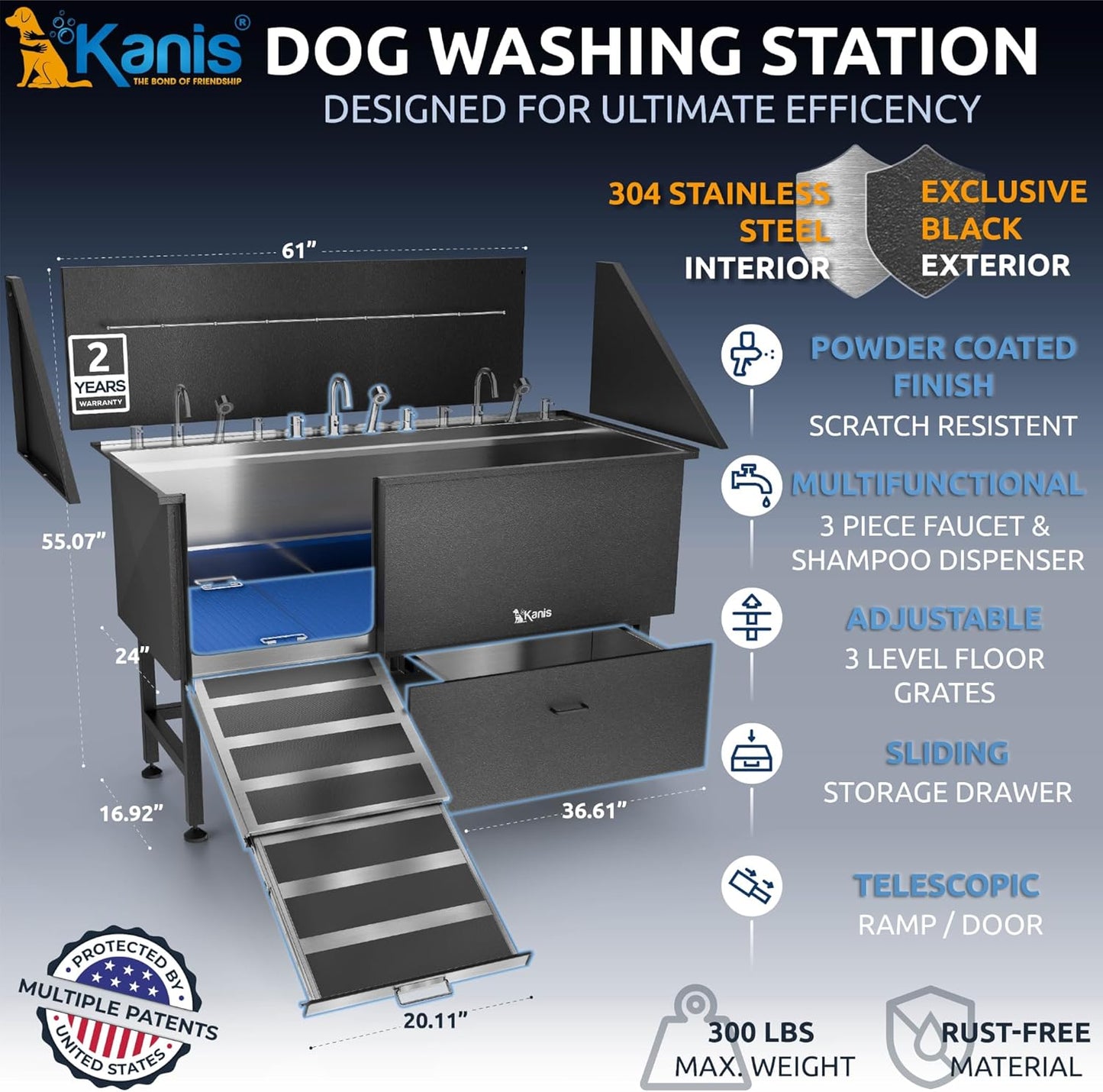KANIS Black Line Professional Dog Washing Station - 304 Stainless Steel Pet Wash Sink & Grooming Bathtub w/Shower, Floor Grates and Storage for Large, Medium & Small Pets (61", 1 Drawer - Left Ramp)