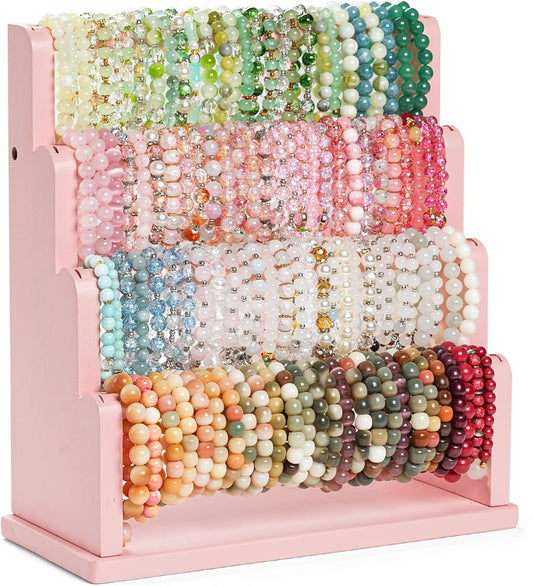 Emfogo Bracelet Holder, 4 Tier Bracelet Organizer Storage for Bracelets Bangles Watch Scrunchies, Rustic Wood Jewelry Organizer Display for Home, Vendors, Craft Shows and Store(Pink)