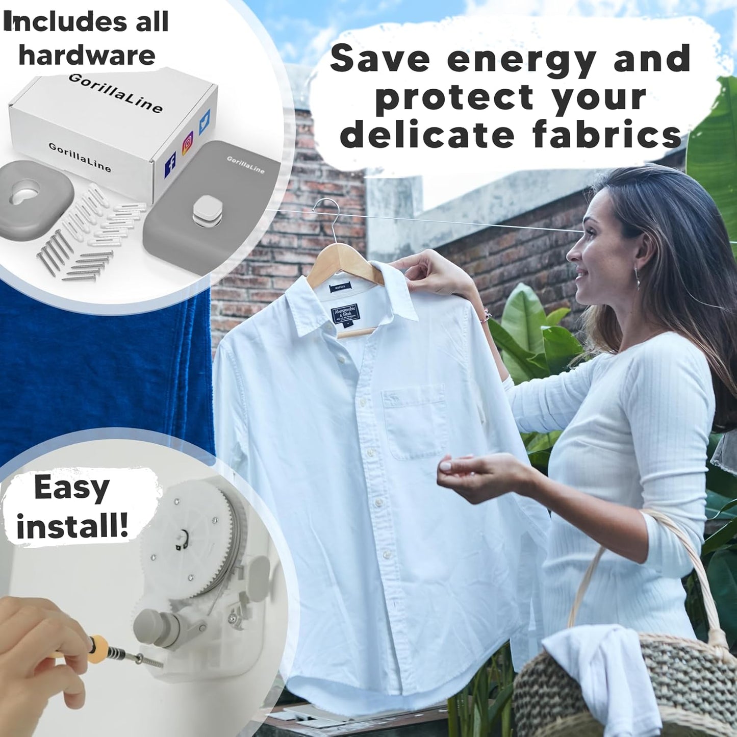 GorillaLine - Retractable Clothesline Indoor Outdoor Clothes Line - Heavy Duty Clothes Drying Laundry Line - Wall Mounted Drying Rack - Air Dry Clothing