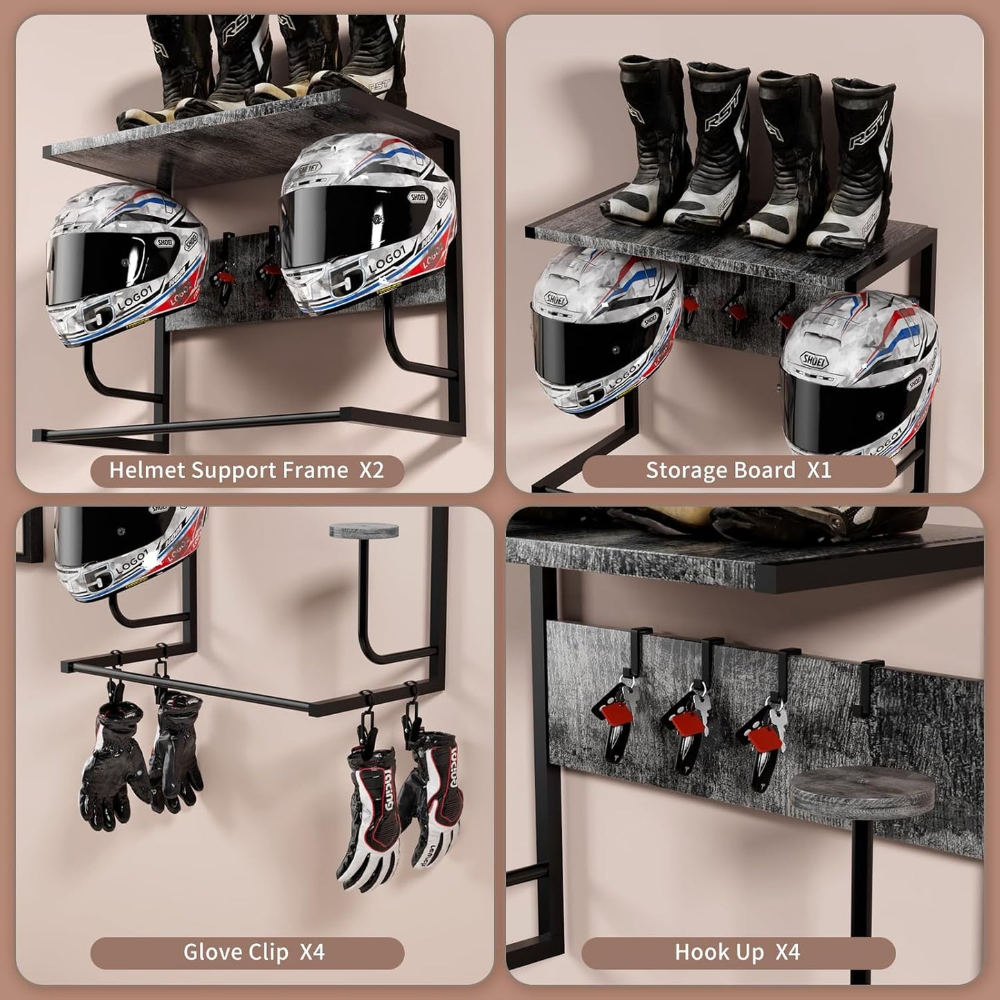 Motorcycle Helmet Holder Wall Mounted, Helmet Holder Wall Mount with Helmet Rack, Motorcycle Helmet Rack for Most of Helmet and Clothes