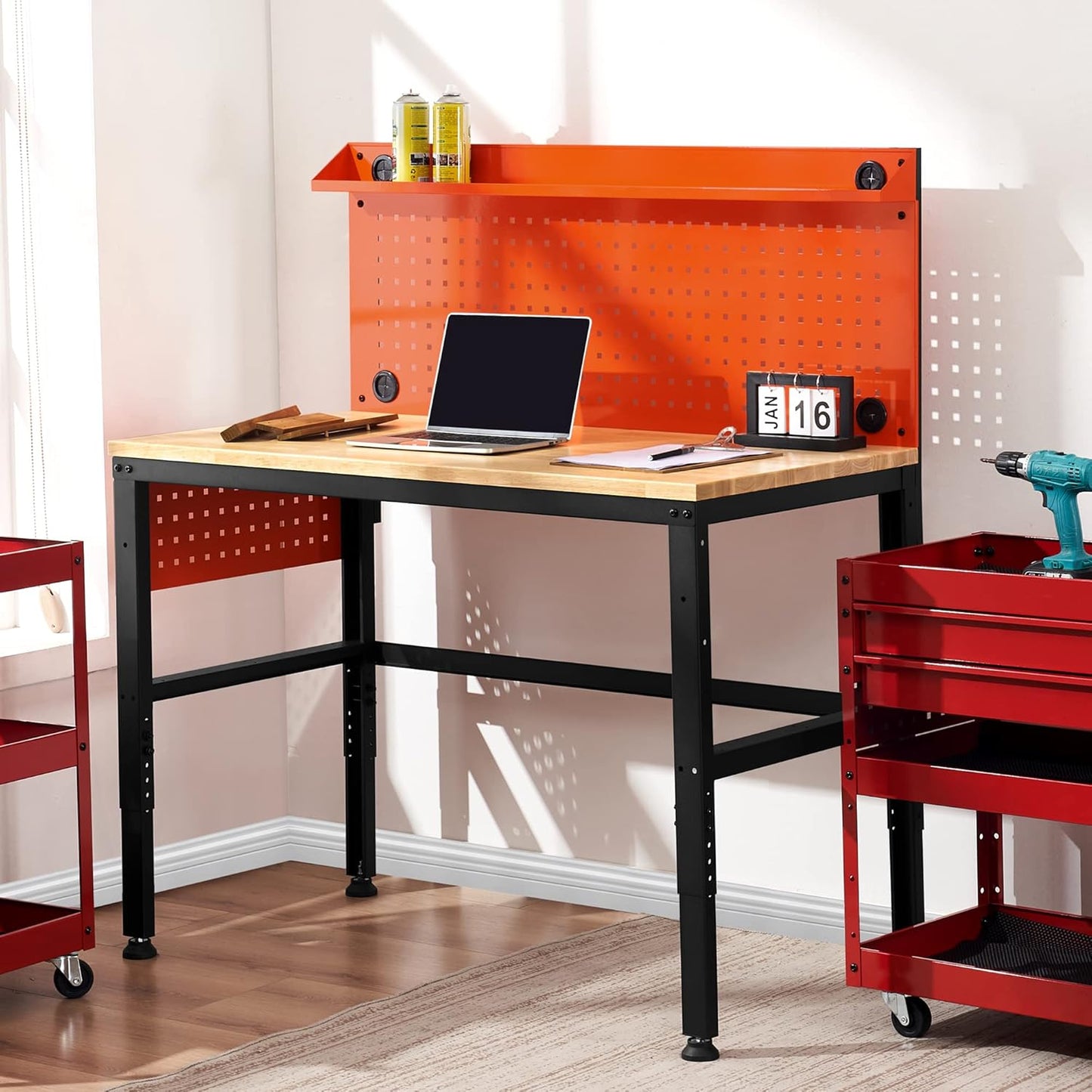 MCombo Adjustable Workbench with Solid Wood Tabletop for Garage, Steel Worktable with 2 Pegboards Bench48 (Orange)