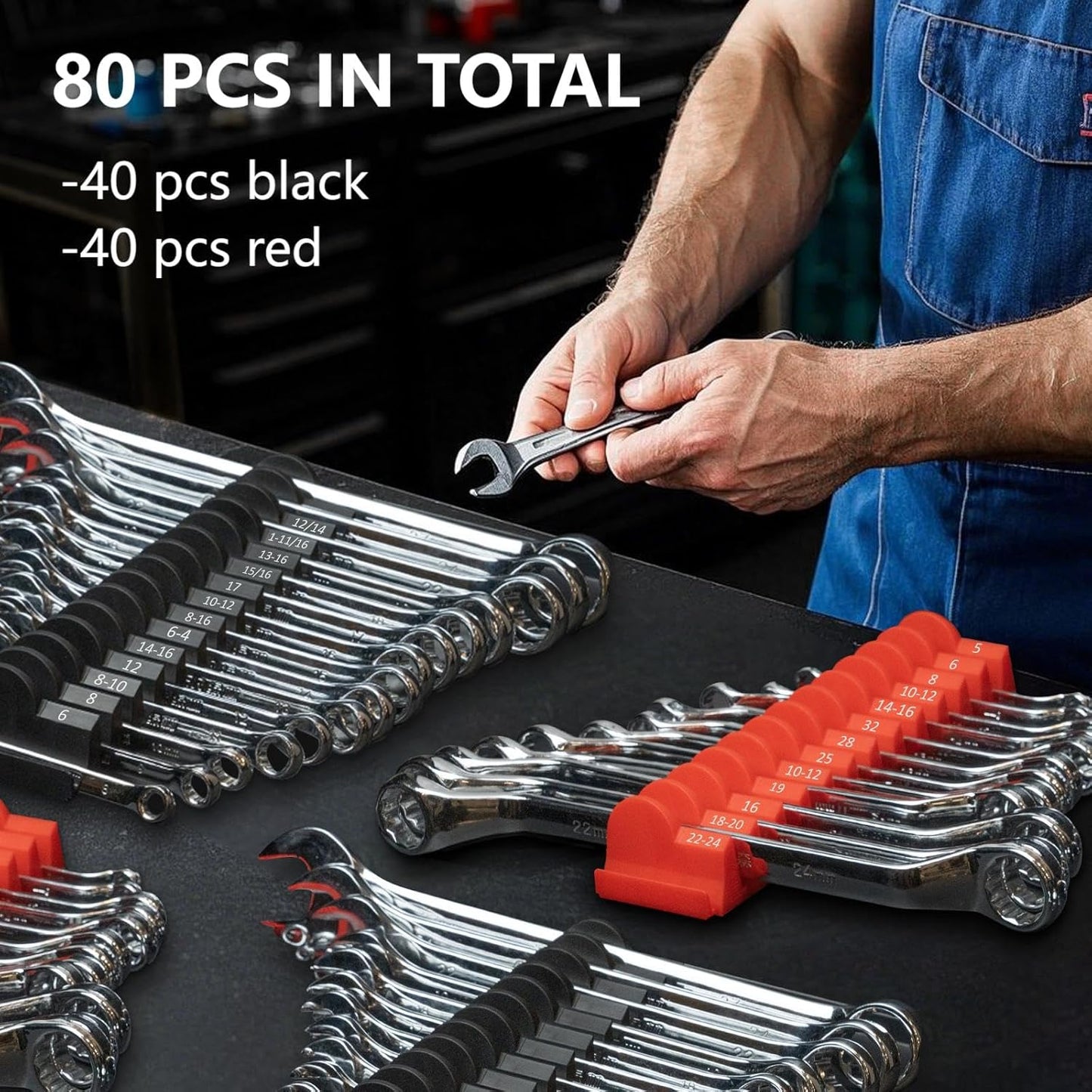 80 pcs Modular Wrench Organizers for Tool Drawers - Wrench Rack with Metric & SAE Labels, Perfect Tool Storage Holder. Gift for father, brother and boyfriend (Without magnet)
