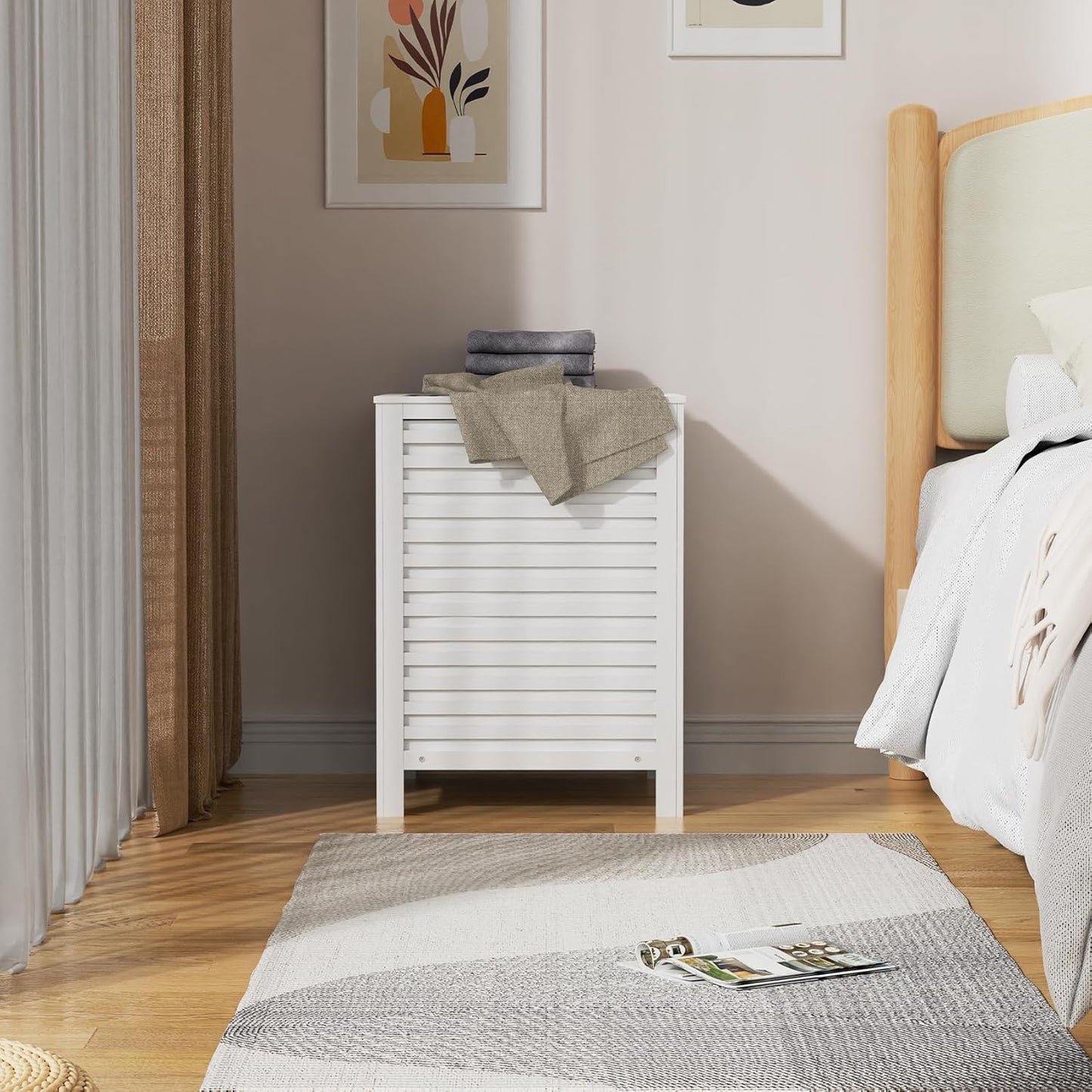 VASMIA Laundry Hamper with Lid, 90L Bamboo Large Laundry Basket with Removable Bag,Dirty Clothes Hamper for Bedroom Bathroom White