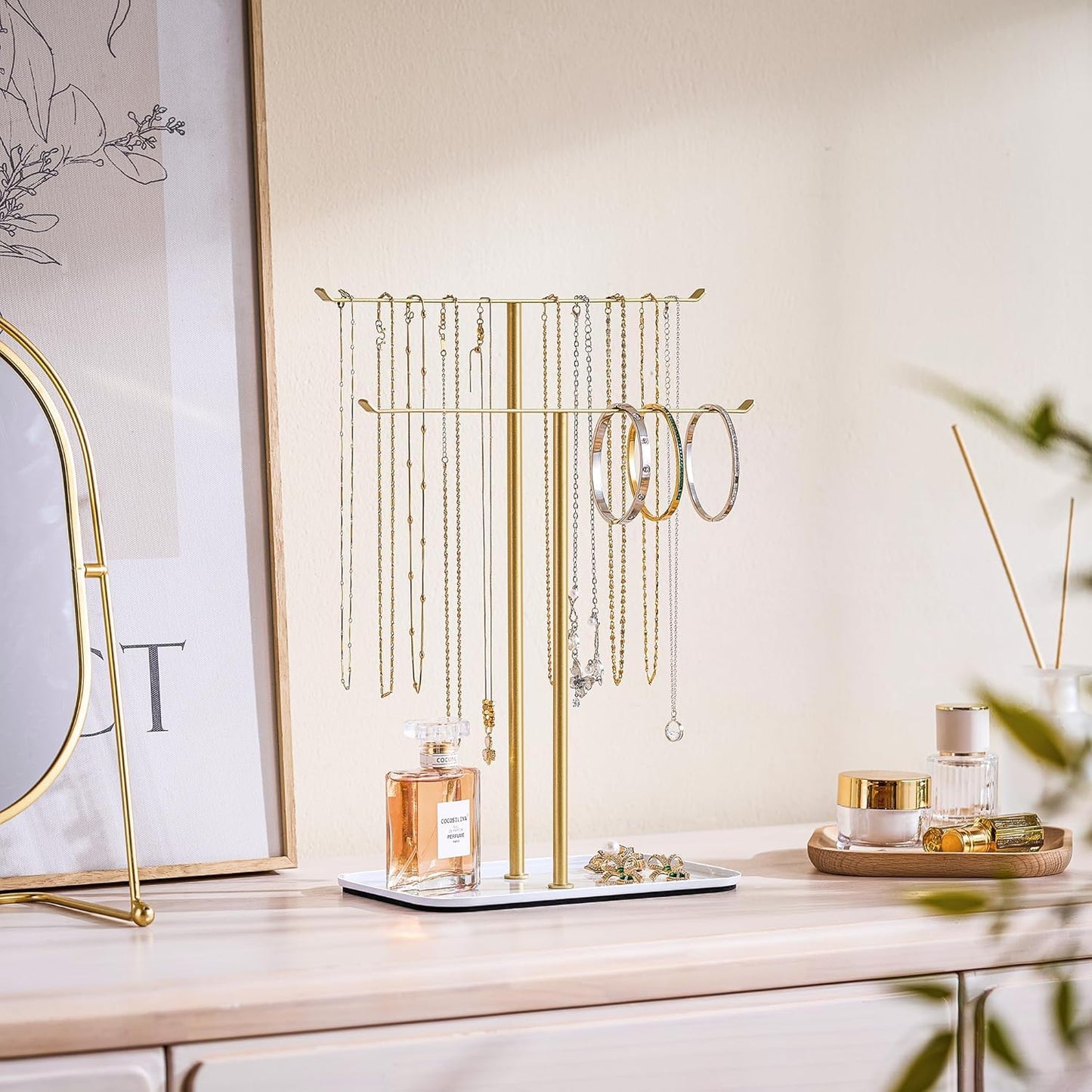 pickpiff Necklace Holder Jewelry Organizer Stand – 2‑Tier T‑Bar Jewelry Display Tree with Tray for Countertop Necklace Bracelet Earring Storage, Vanity Dresser Bathroom Sink, Gold