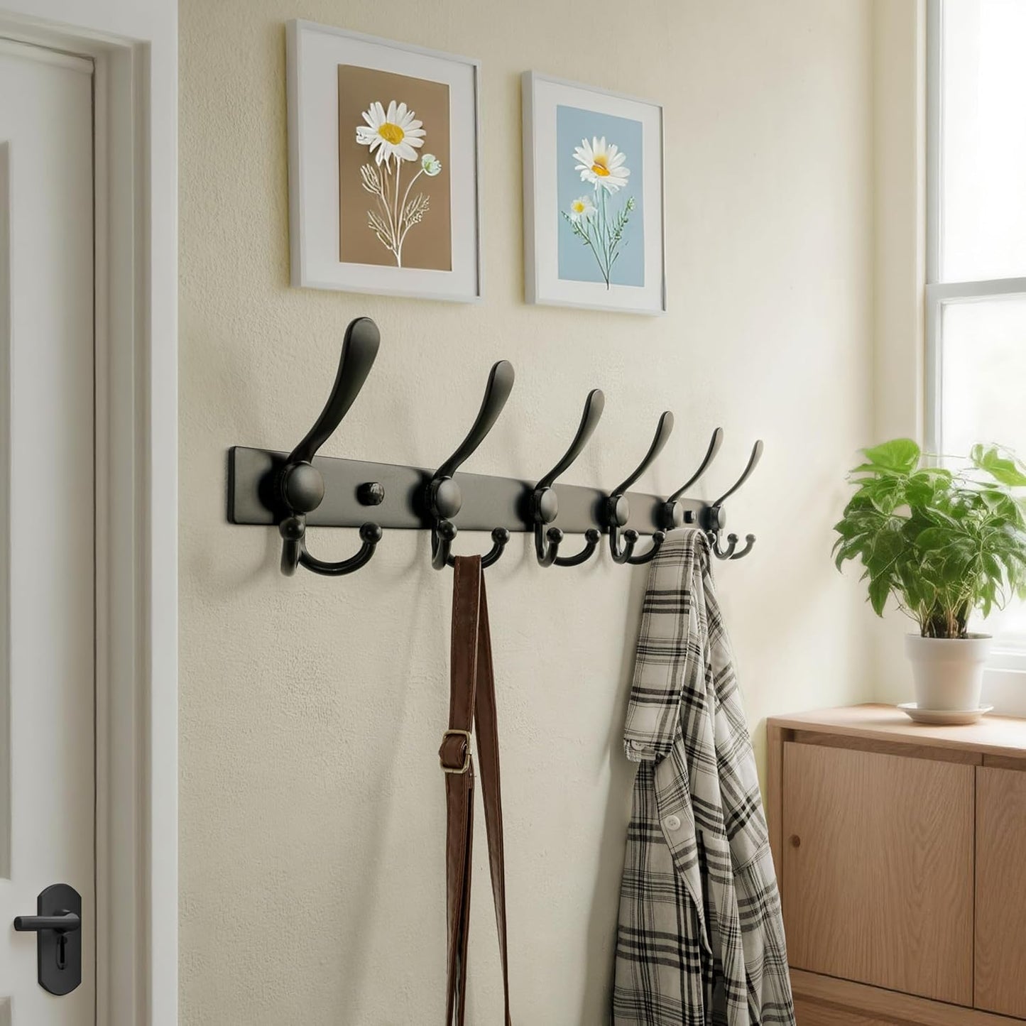 Dseap Coat Rack Wall Mount 2.0 Pro: 24” Long, 3X Tougher, Heavy Duty Stainless Steel Wall Coat Hanger with 6 Tri Hooks for Clothes Jackets Hats Entryway Closet, Black
