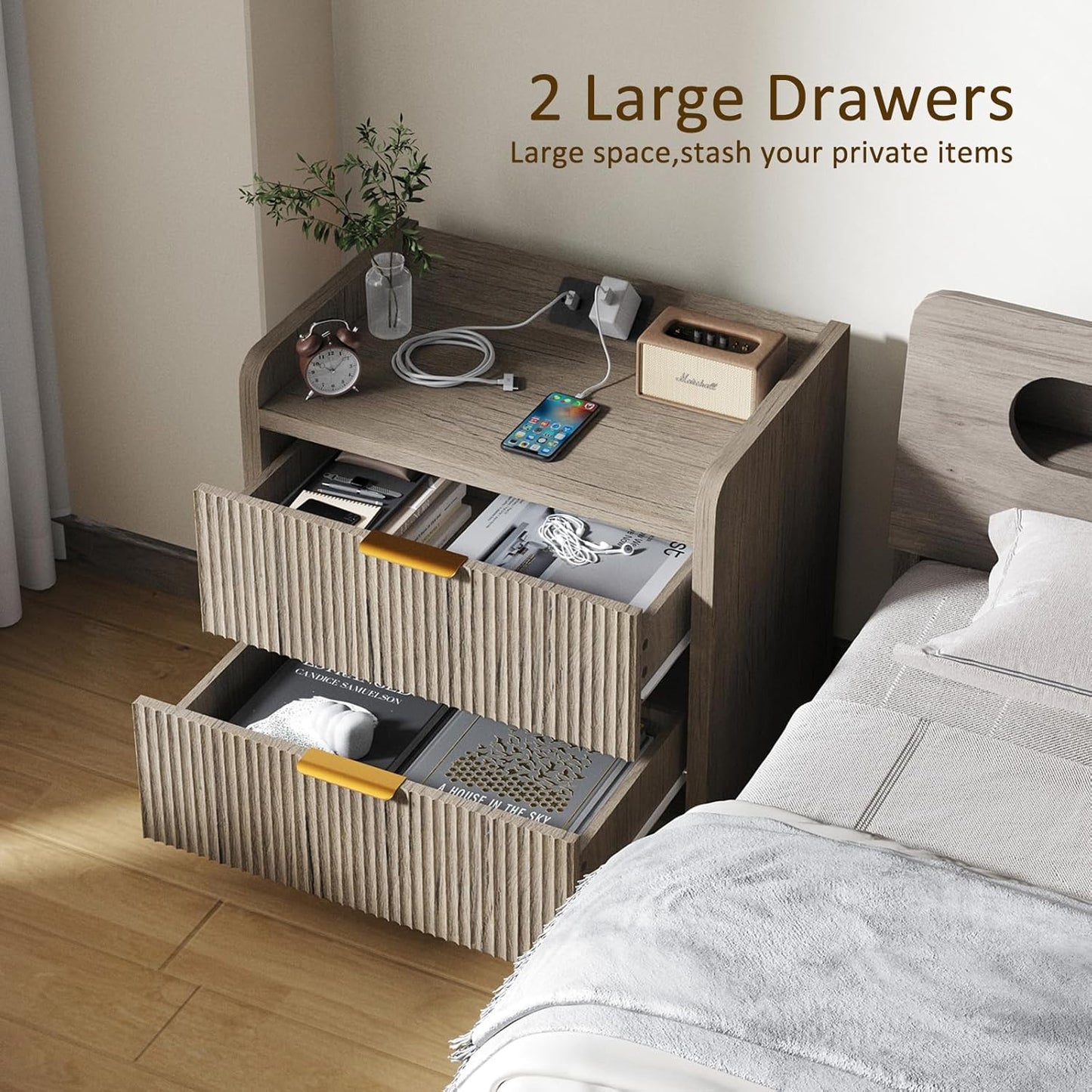 Fluted Nightstand Set of 2, 23.6" Modern Night Stand with Charging Station, Bedside Table with 2 Drawers, Modern Wood Night Stand Set 2 for Bedroom, Living Room, Grey