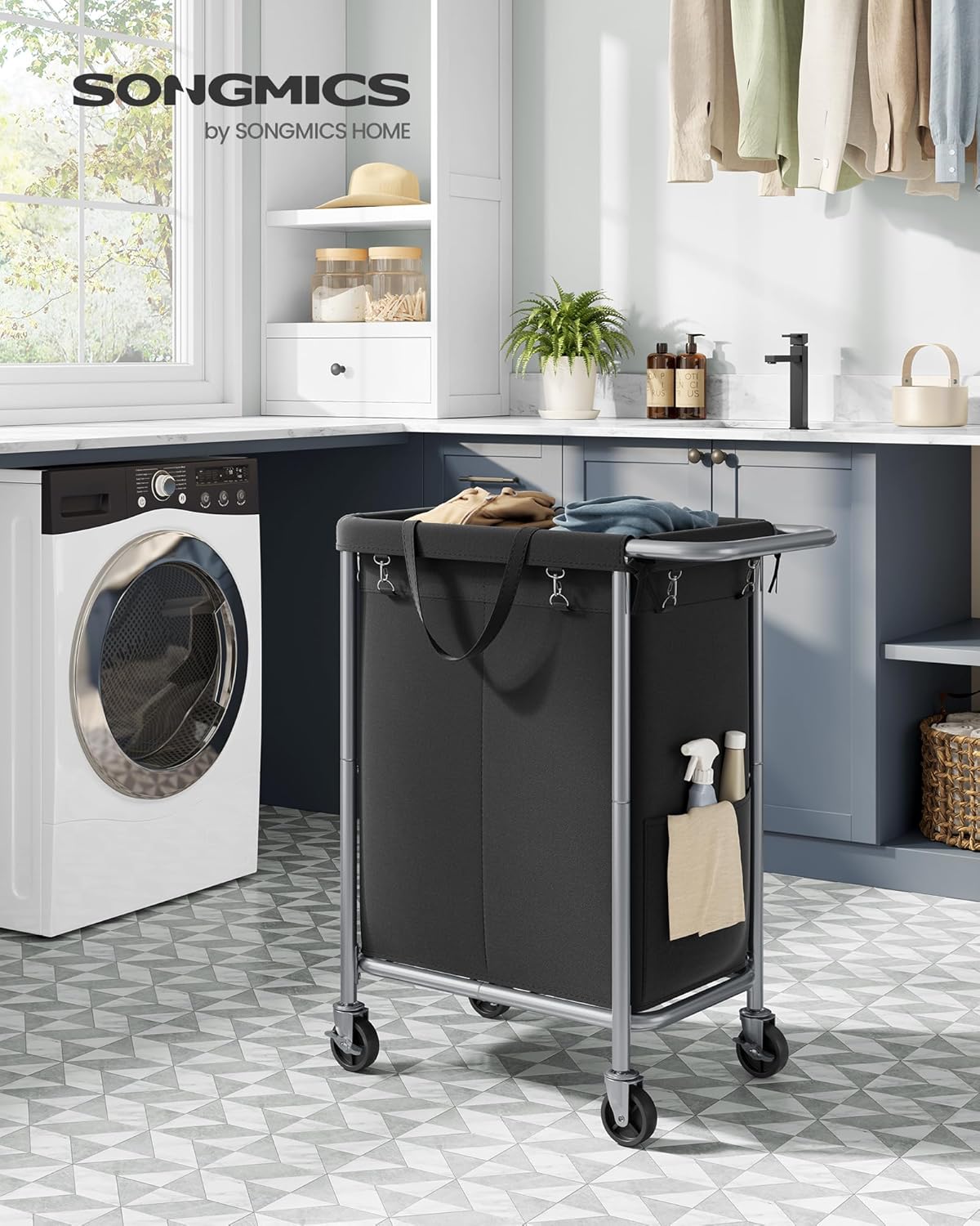 SONGMICS Laundry Basket with Wheels, 2-Section Rolling Laundry Hamper, 37 Gallons (140 L), Removable Liner, Steel Frame with Handle, 27.2 x 15.4 x 31.9 Inches, Ink Black URLS004B01