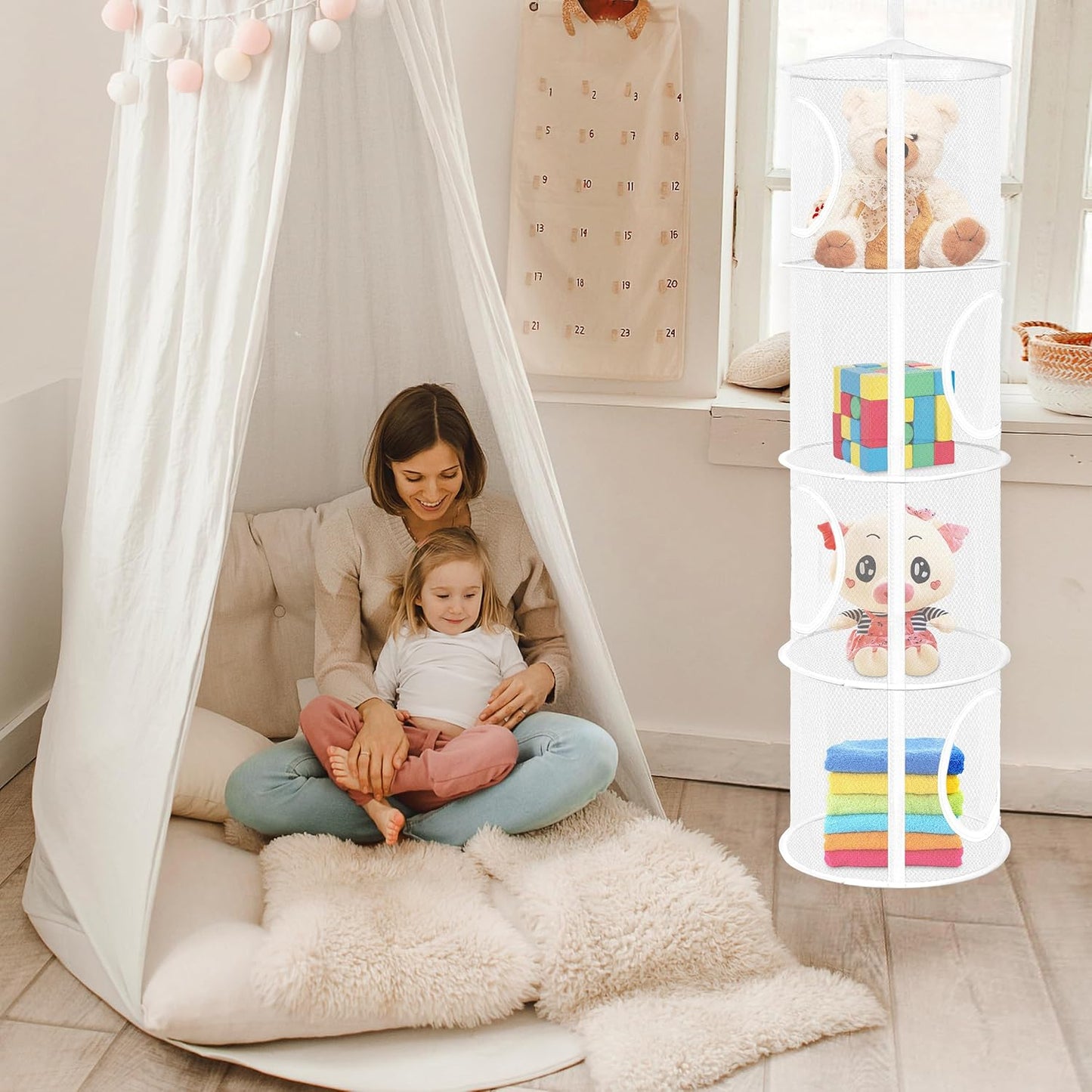 Libeder Stuffed Animal Storage, Mesh Hanging Storage Space Saver Bags Organizer,Foldable Storage Organizer 4 Compartments Toy Storage Basket for Kids Room Bathroom