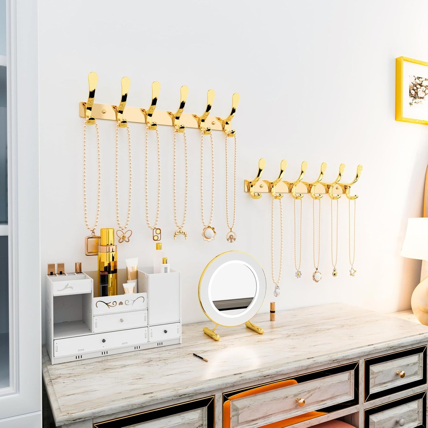 SKOLOO Coat Rack Wall Mounted - 6 Hooks, Pack of 2, Heavy Duty, Stainless Steel, Metal Wall Hangers, Sturdy Coat Hooks for Hanging Coats, Jacket, Clothes, Hat, Bright Gold