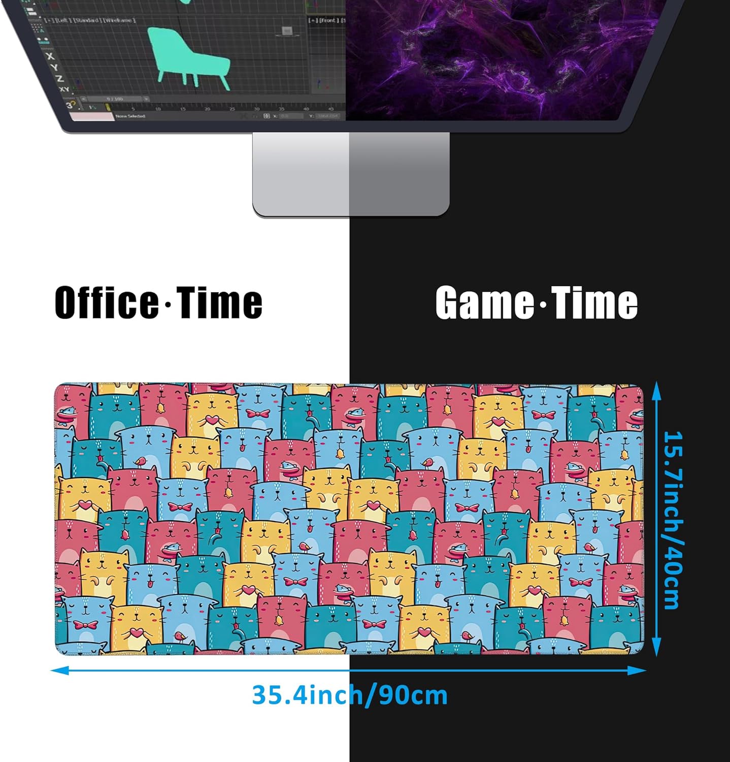 Kawaii Colorful Cats Desk Mat,Large Gaming Mouse Pad,Non-Slip Rubber Base Desk Pad with Stitched Edges for Desk Office Home Decor 35.4X15.7 Inch