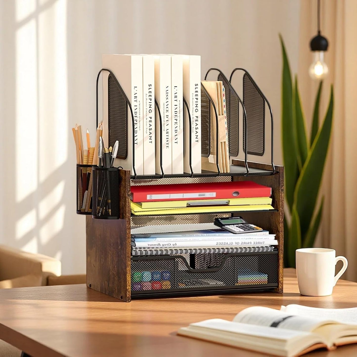 Wood Desk Organizer - 4-Tier Desktop File Organizer with Drawer, Wooden Paper Tray, Vertical File Holders & 2 Pencil Holders - Office Desk Organizer for Papers, Mail, Notebooks, Stationery