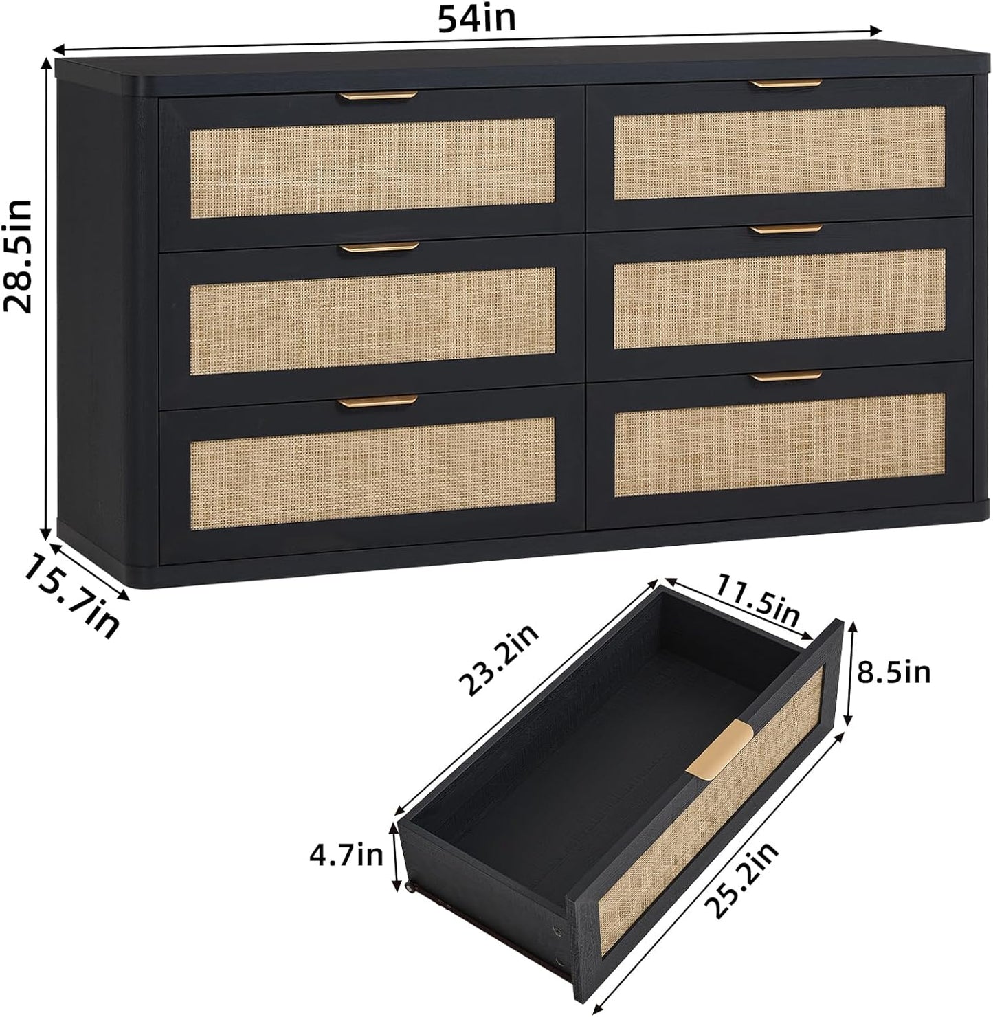 LEYAOYAO Rattan 6 Drawer Dresser for Bedroom, Boho 54" Wide Black Dresser Chest of Drawers, Dressers TV Stand with Metal Handle, Storage Dressers Closet Organizer for Living Room, Hallway