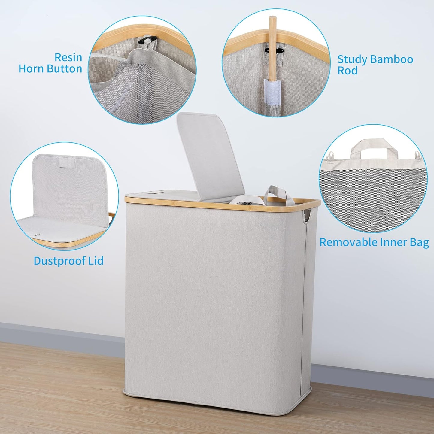 efluky Laundry Hamper with Lid, Double Laundry Hamper with 2 Removable Bags, 2 Section Laundry Basket with Bamboo Handles for Bathroom, Bedroom & Laundry Room, 140L (36.9 Gallon) Light Grey