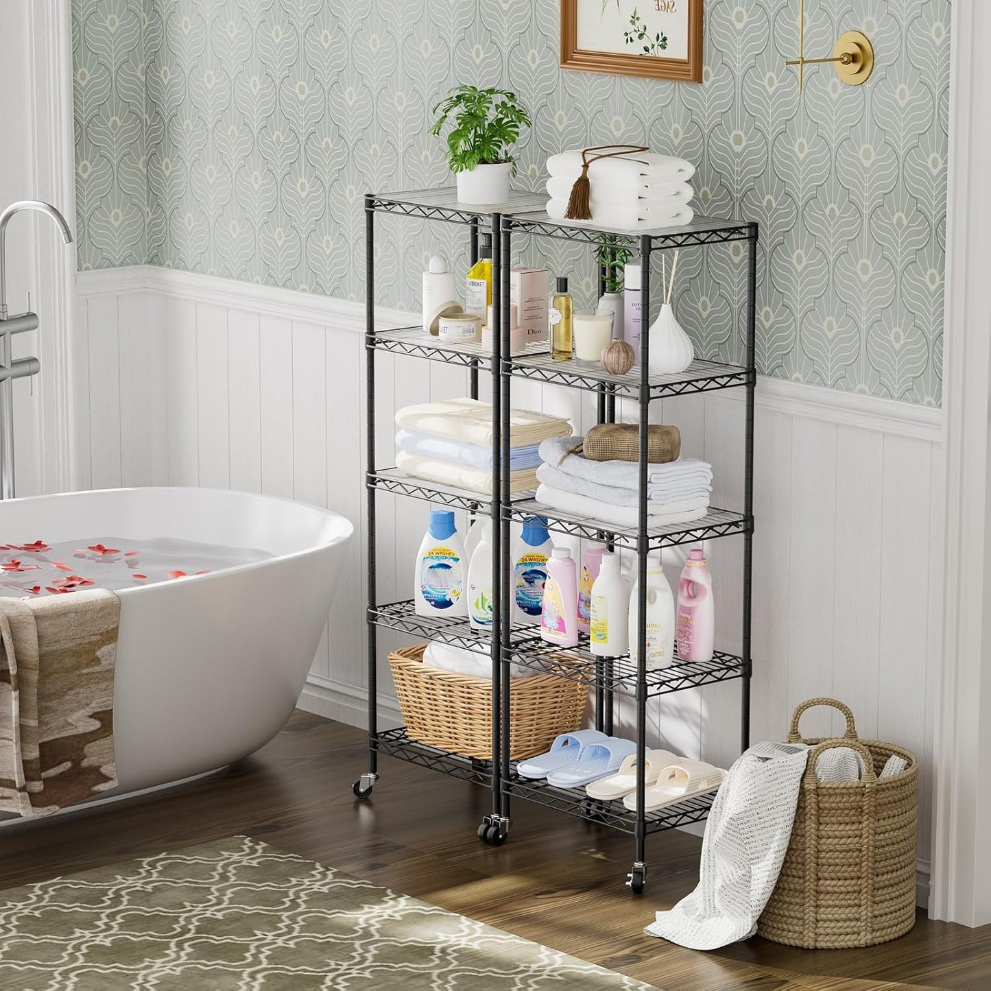 SINGAYE Shelf Closet Wire Shelving：Adjustable Metal Unit for Laundry Room Organization Bathroom Kitchen Home Storage with Wheels Small Pantry Rack Shelves