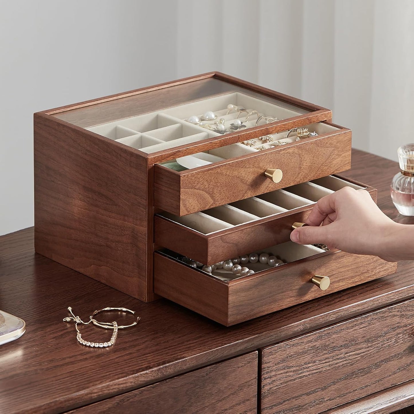 Black Walnut Wooden Jewelry Box Women large 3 Layer Drawer Organizer Box with Glass Lid for Necklaces, Watch, Necklace, Ring, Earring Storage - Christmas Gifts